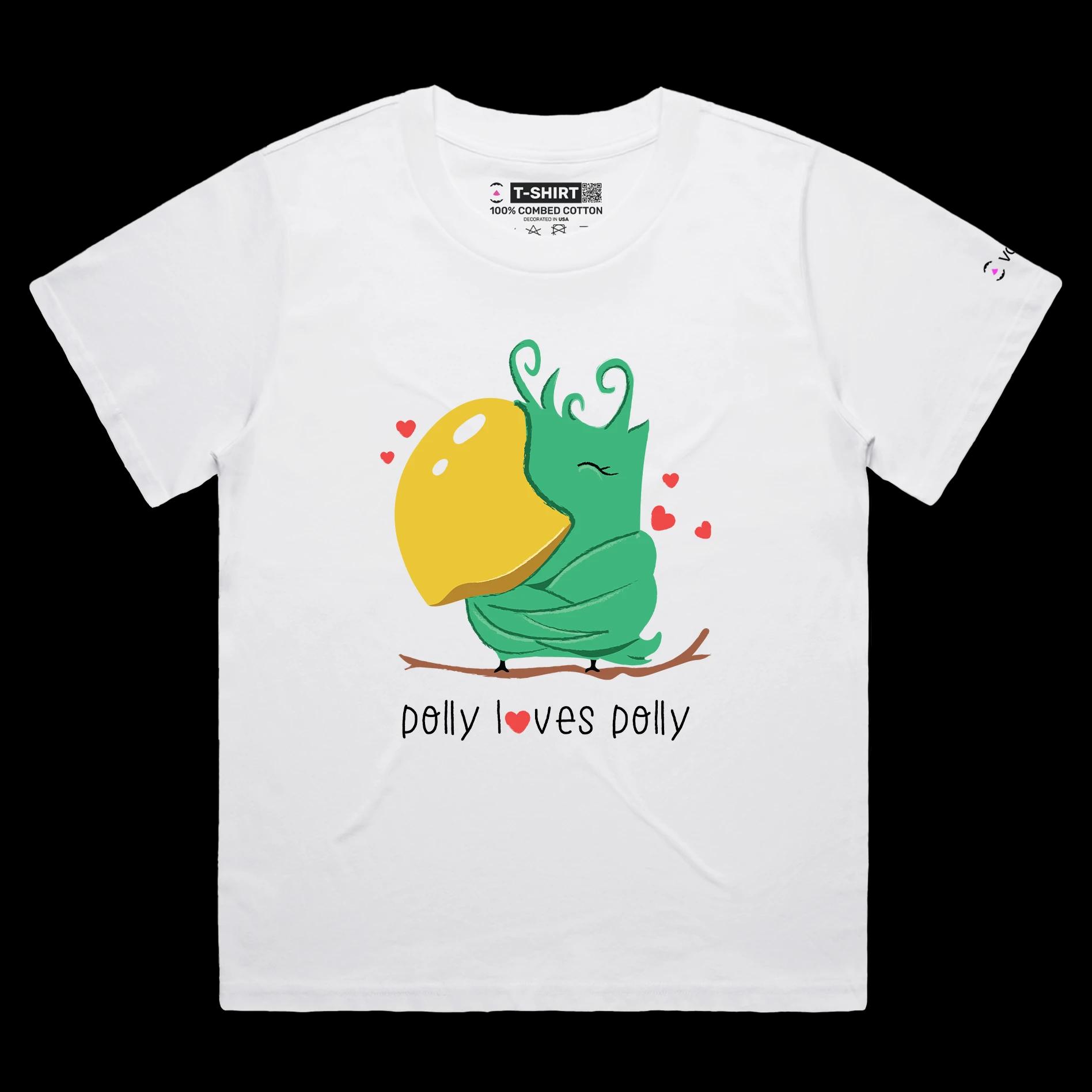 VOICEART White Female Loose Polly Loves Polly Funny Animals T-Shirt Premium Graphic Narcissist Parrot Wordplay Tee