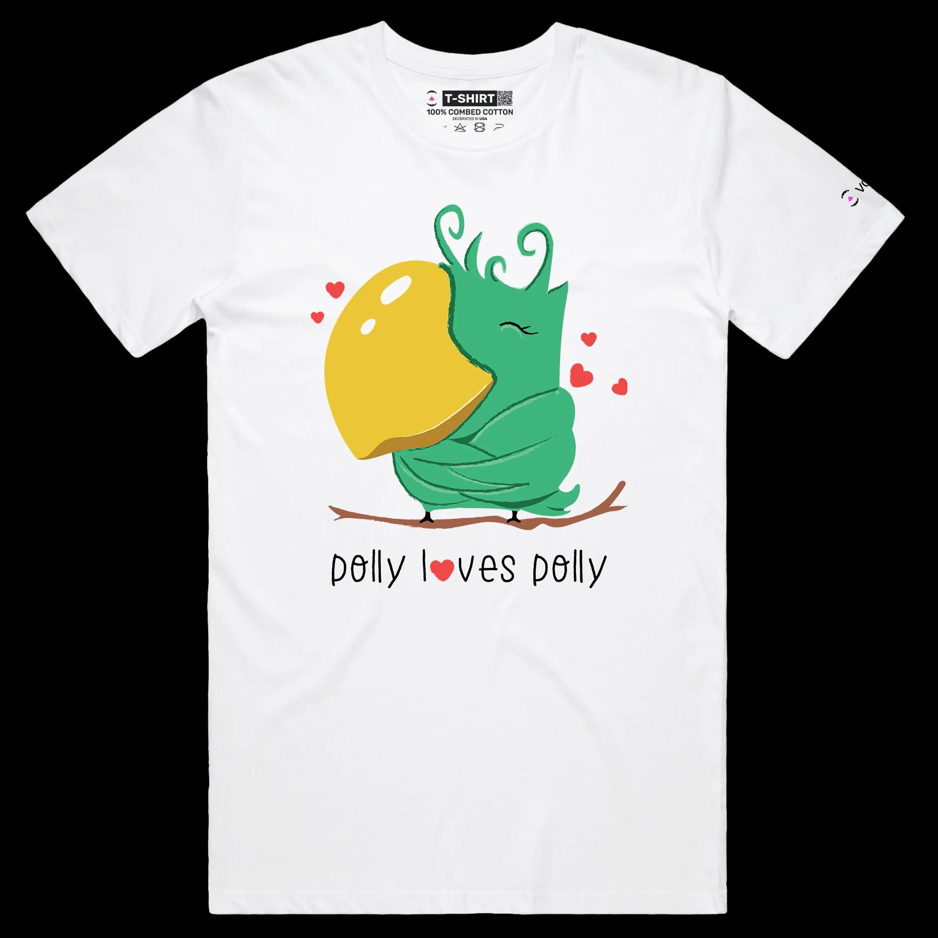 VOICEART White Male Regular Polly Loves Polly Funny Animals T-Shirt Premium Graphic Narcissist Parrot Wordplay Tee
