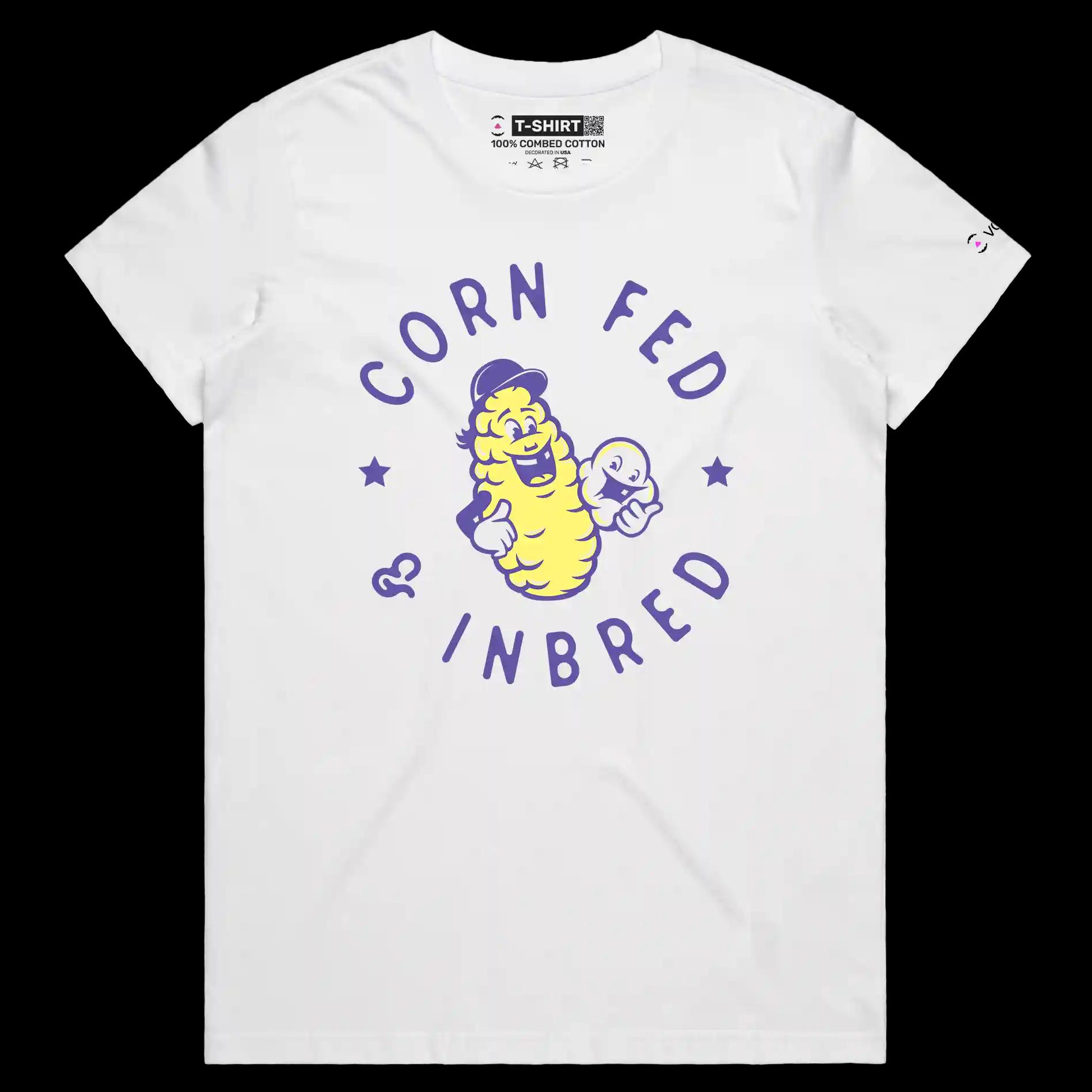 VOICEART White Female Regular Corny Wordplay Premium T-Shirt High Quality Graphic Funny Food Chain of GMO Industry Clever Tee