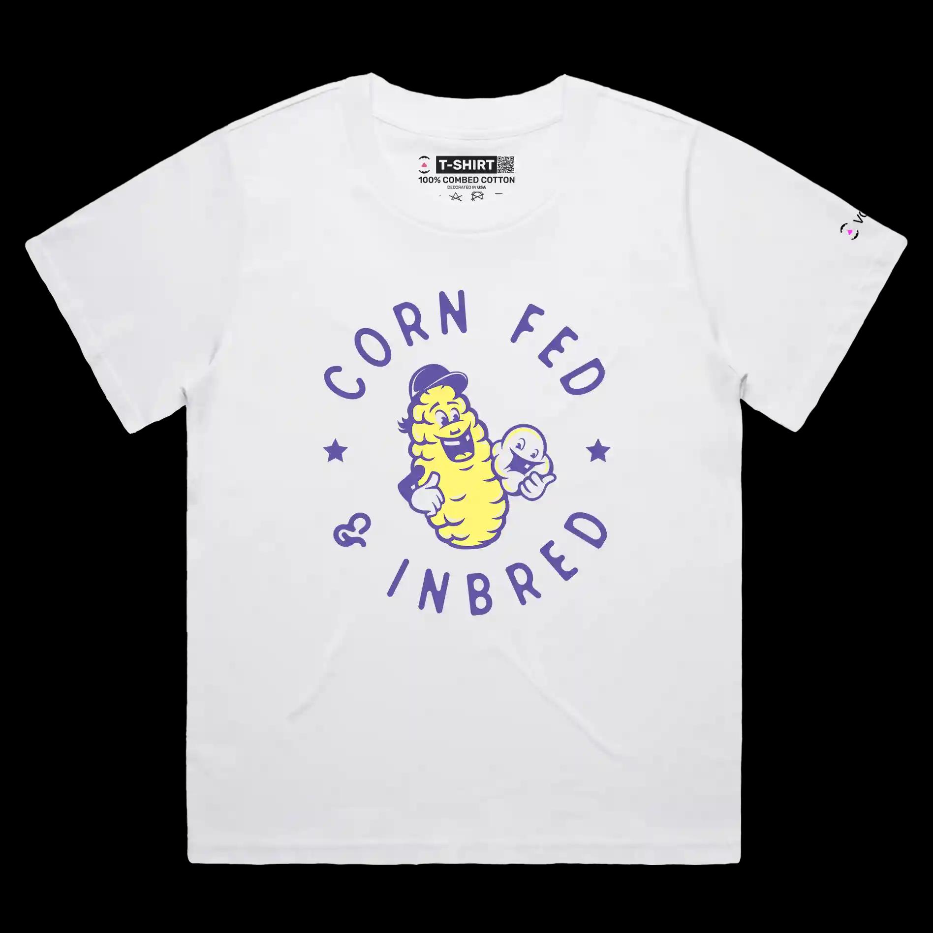 VOICEART White Female Loose Corny Wordplay Premium T-Shirt High Quality Graphic Funny Food Chain of GMO Industry Clever Tee