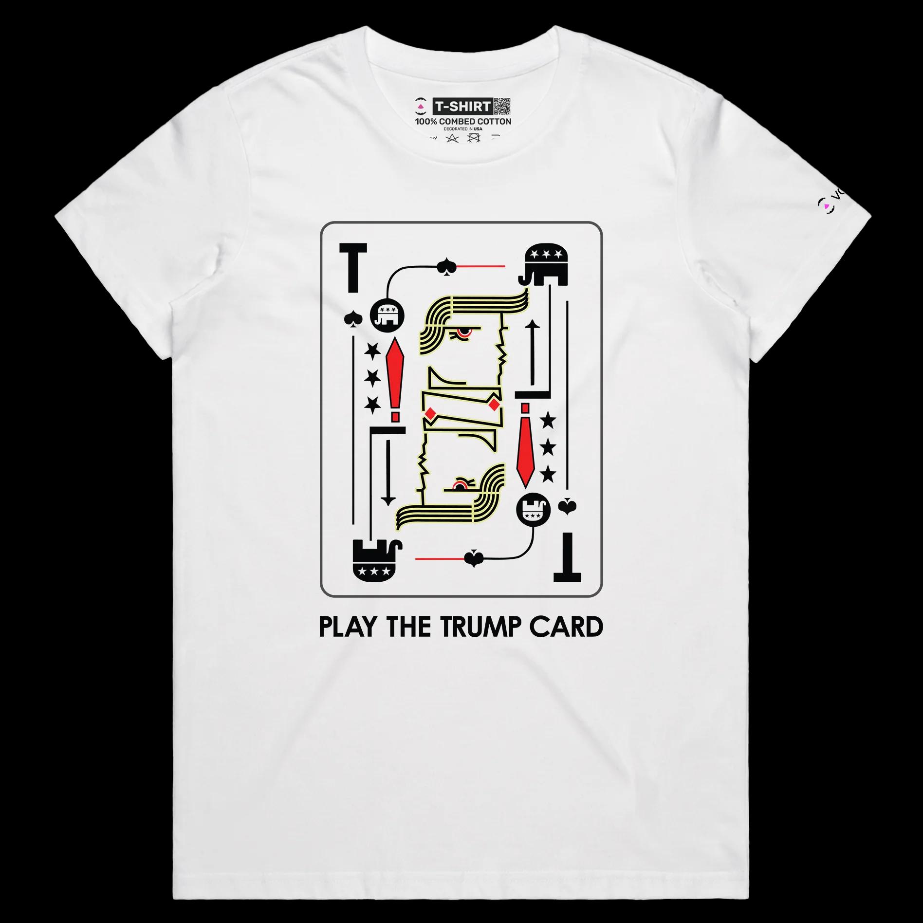 VOICEART White Female Regular Donald Trump Funny Political Shirt Premium Quality Graphic MAGA 2024 Trump Card Tee