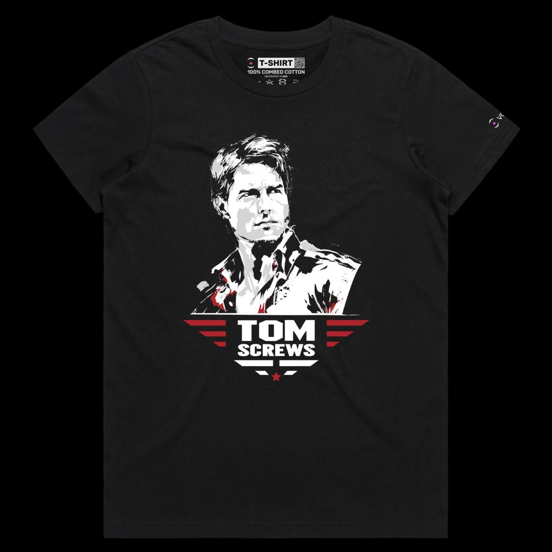 VOICEART Black Female Regular Cruise Becomes Tom Screws Funny Action Star Shirt with Premium Design Top Gun Movie Graphic Tee
