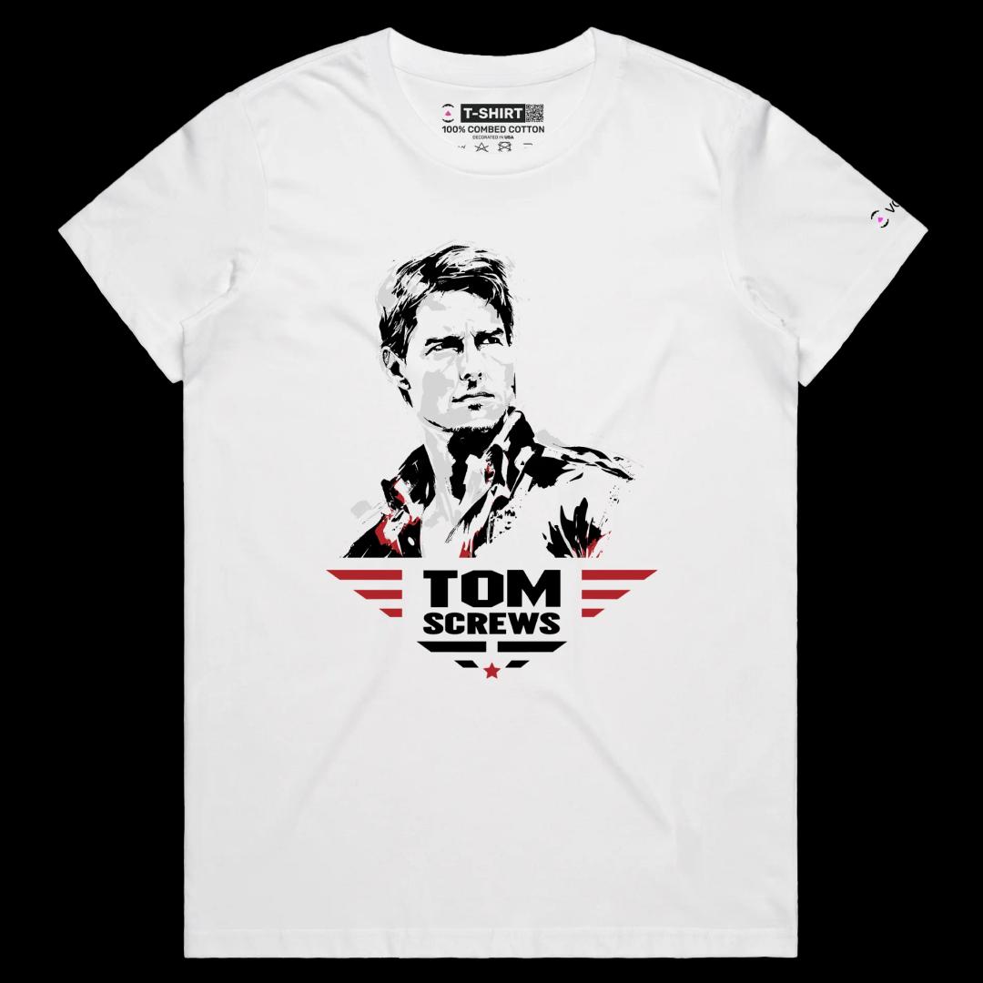 VOICEART White Female Regular Cruise Becomes Tom Screws Funny Action Star Shirt with Premium Design Top Gun Movie Graphic Tee