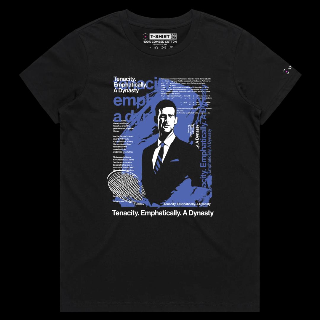 VOICEART Black Female Regular The Classy GOAT Djokovic Sports Shirt Premium Graphic Design Own Superstar Tee for Tennis Fans