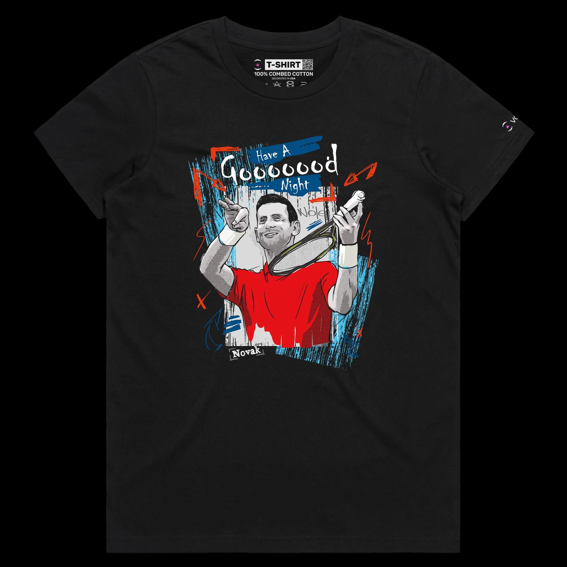VOICEART Black Female Regular The GOAT Djokovic Good Night Sports T-Shirt Premium Quality Tennis Superstar Fans Tee