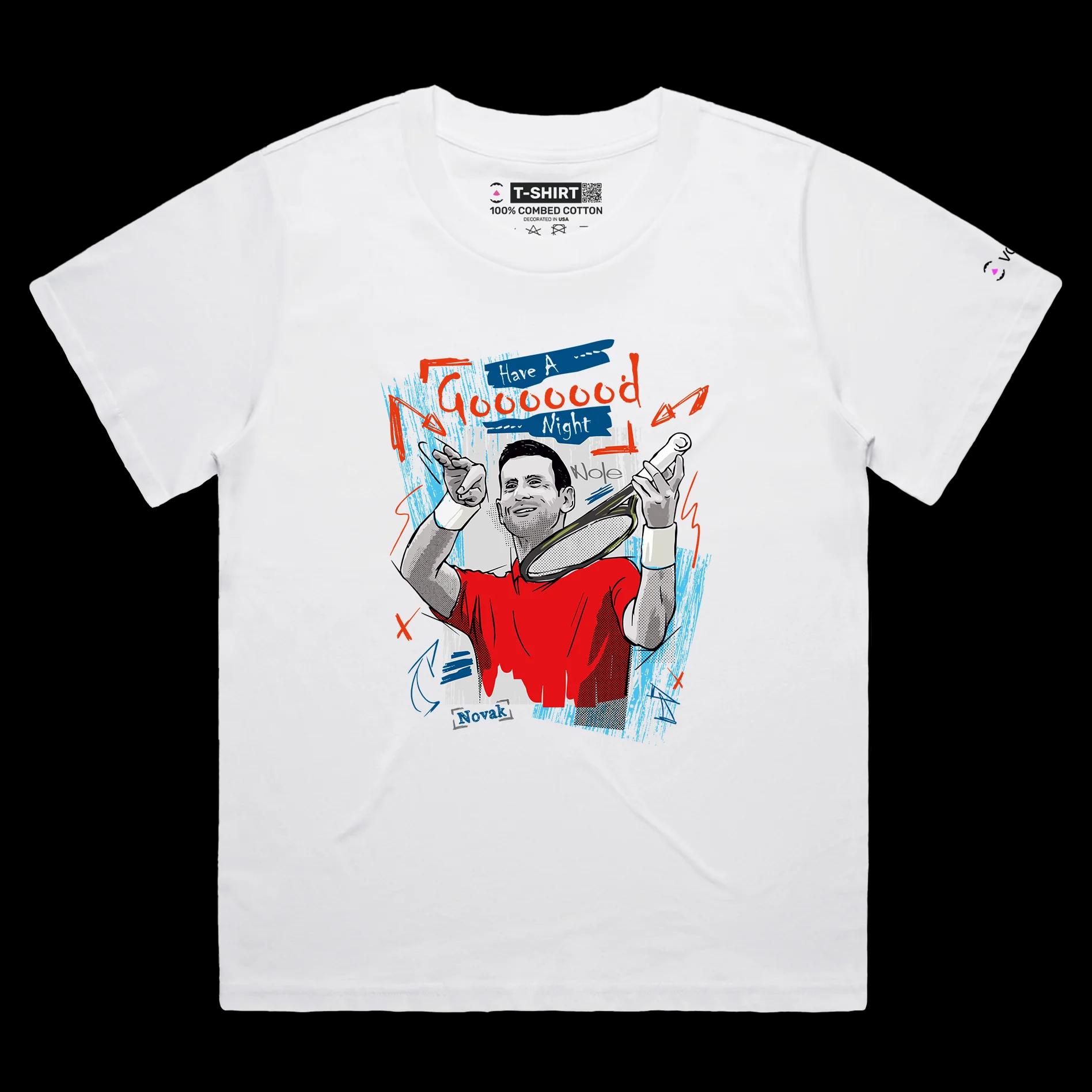 VOICEART White Female Loose The GOAT Djokovic Good Night Sports T-Shirt Premium Quality Tennis Superstar Fans Tee