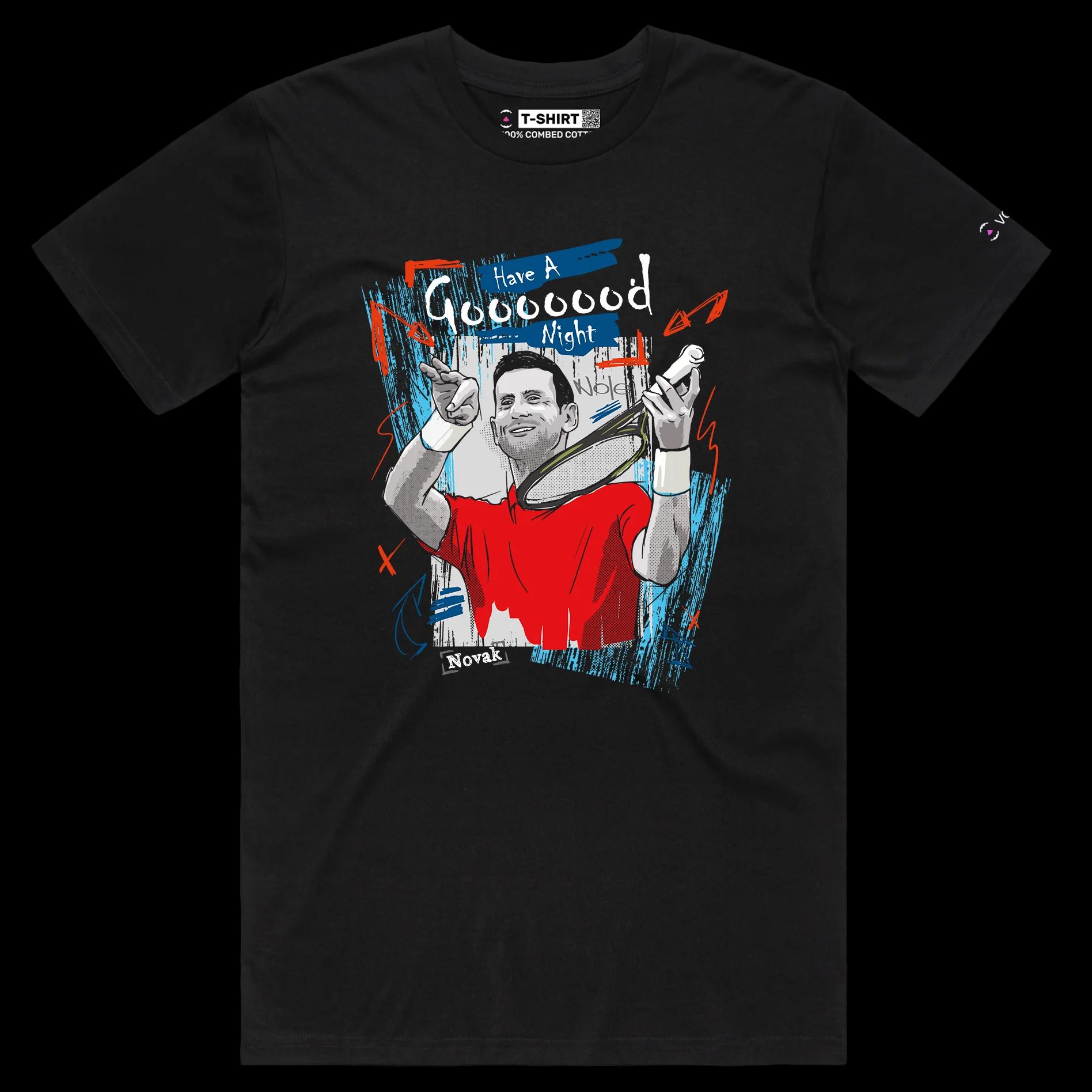 VOICEART Black Male Regular The GOAT Djokovic Good Night Sports T-Shirt Premium Quality Tennis Superstar Fans Tee