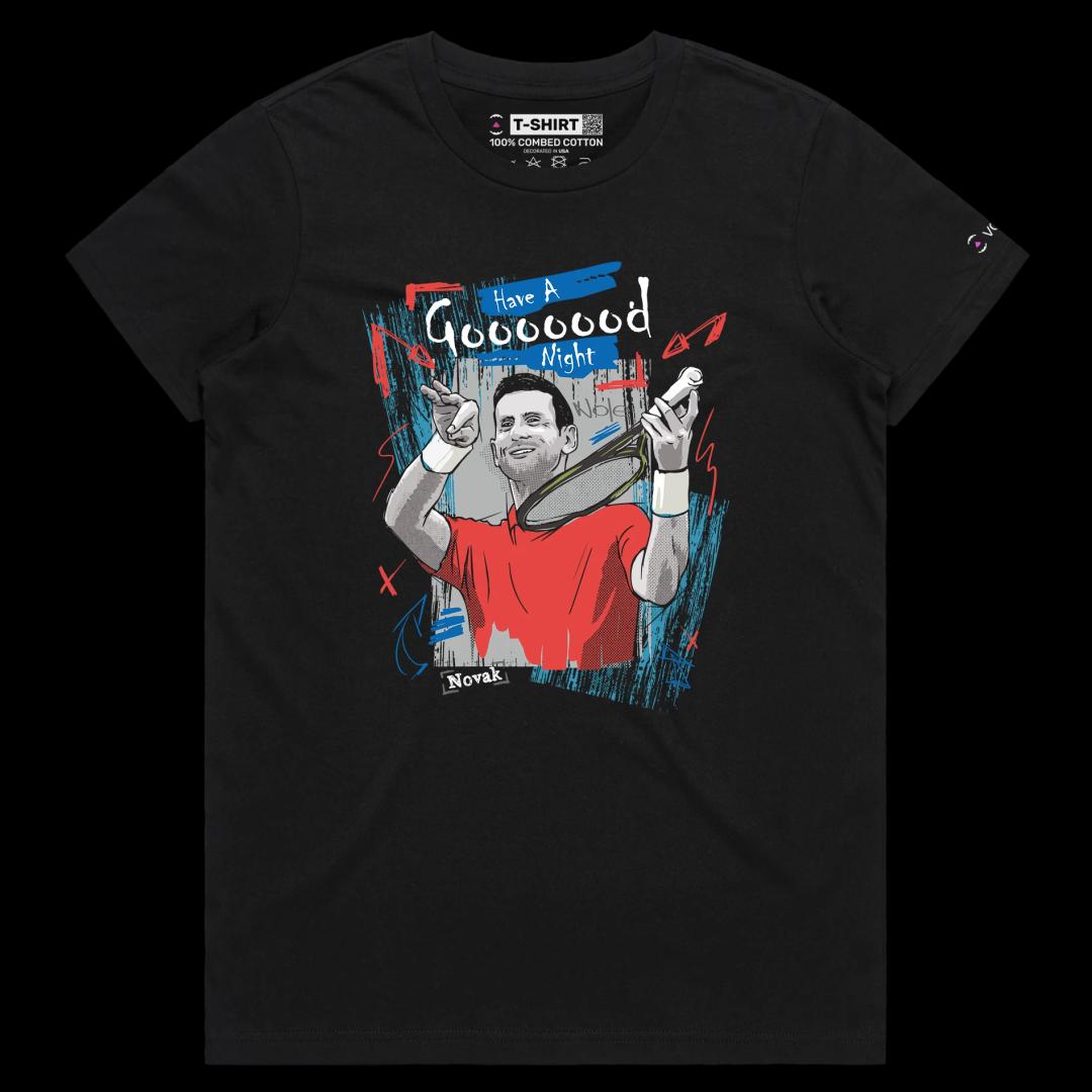 VOICEART Black Female Regular The GOAT Djokovic Good Night Sports T-Shirt Premium Quality Tennis Superstar Fans Tee