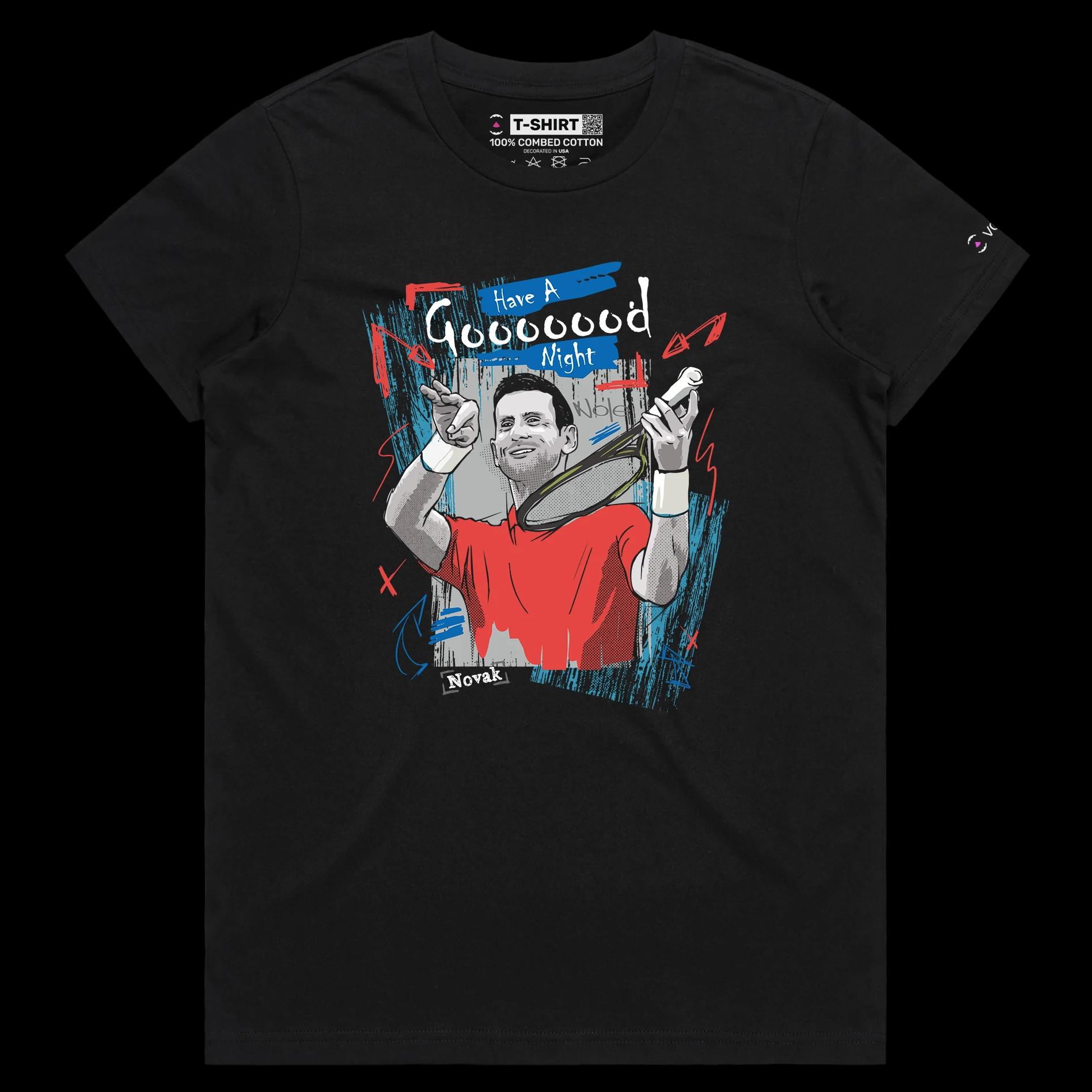 VOICEART Black Female Regular The GOAT Djokovic Good Night Sports T-Shirt Premium Quality Tennis Superstar Fans Tee