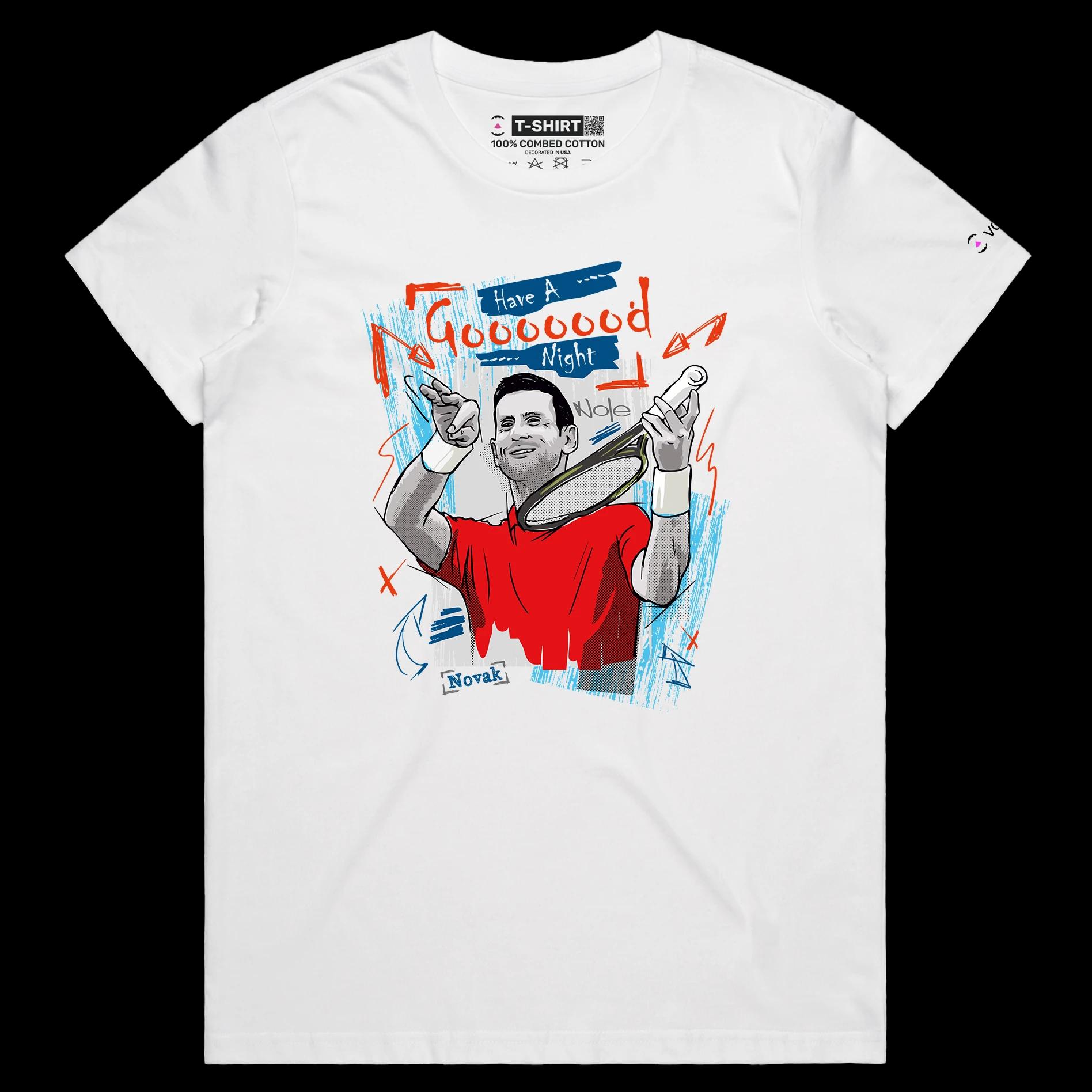 VOICEART White Female Regular The GOAT Djokovic Good Night Sports T-Shirt Premium Quality Tennis Superstar Fans Tee