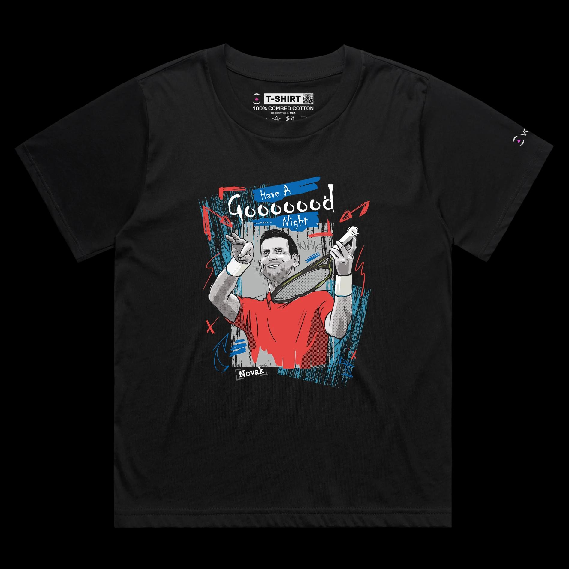 VOICEART Black Female Loose The GOAT Djokovic Good Night Sports T-Shirt Premium Quality Tennis Superstar Fans Tee