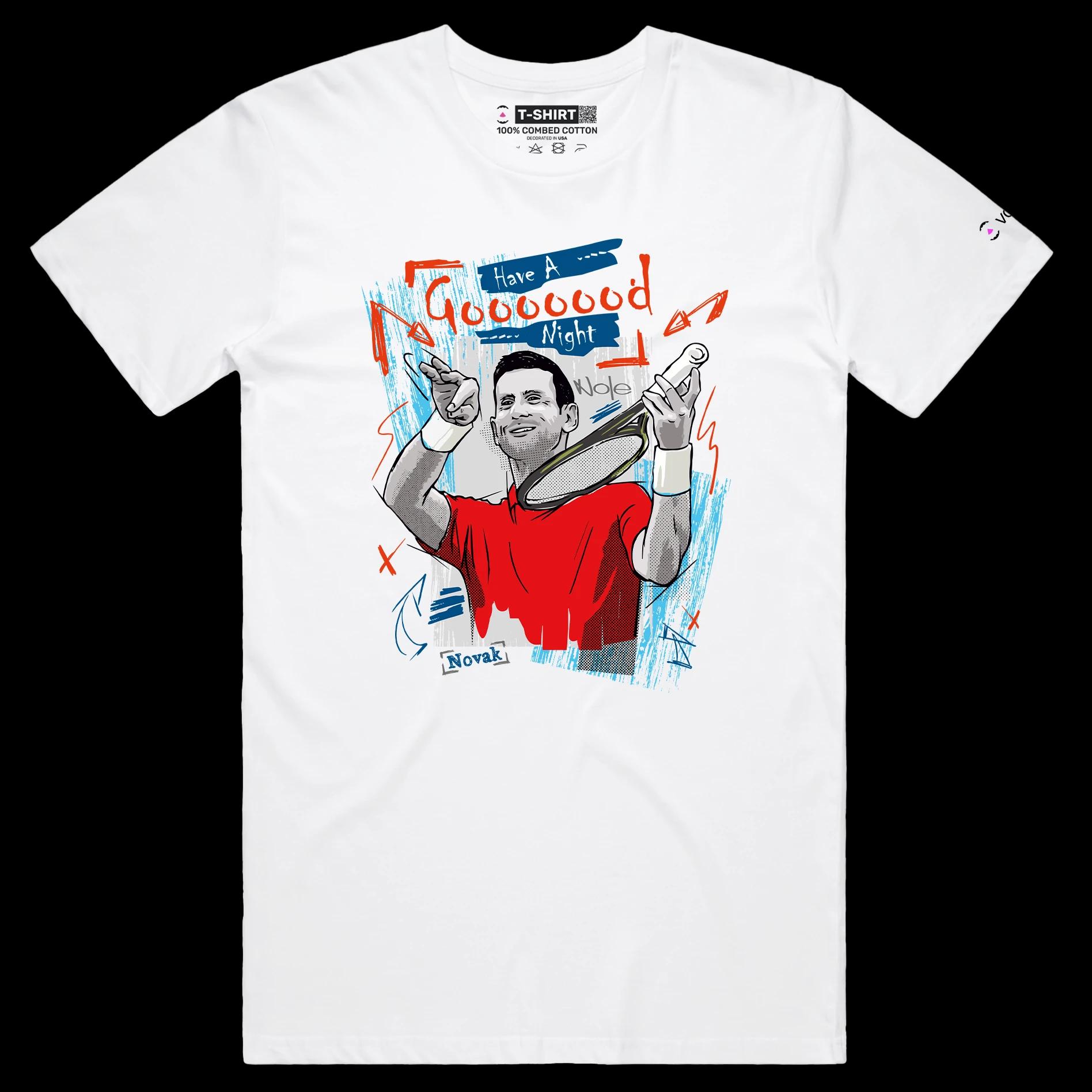 VOICEART White Male Regular The GOAT Djokovic Good Night Sports T-Shirt Premium Quality Tennis Superstar Fans Tee