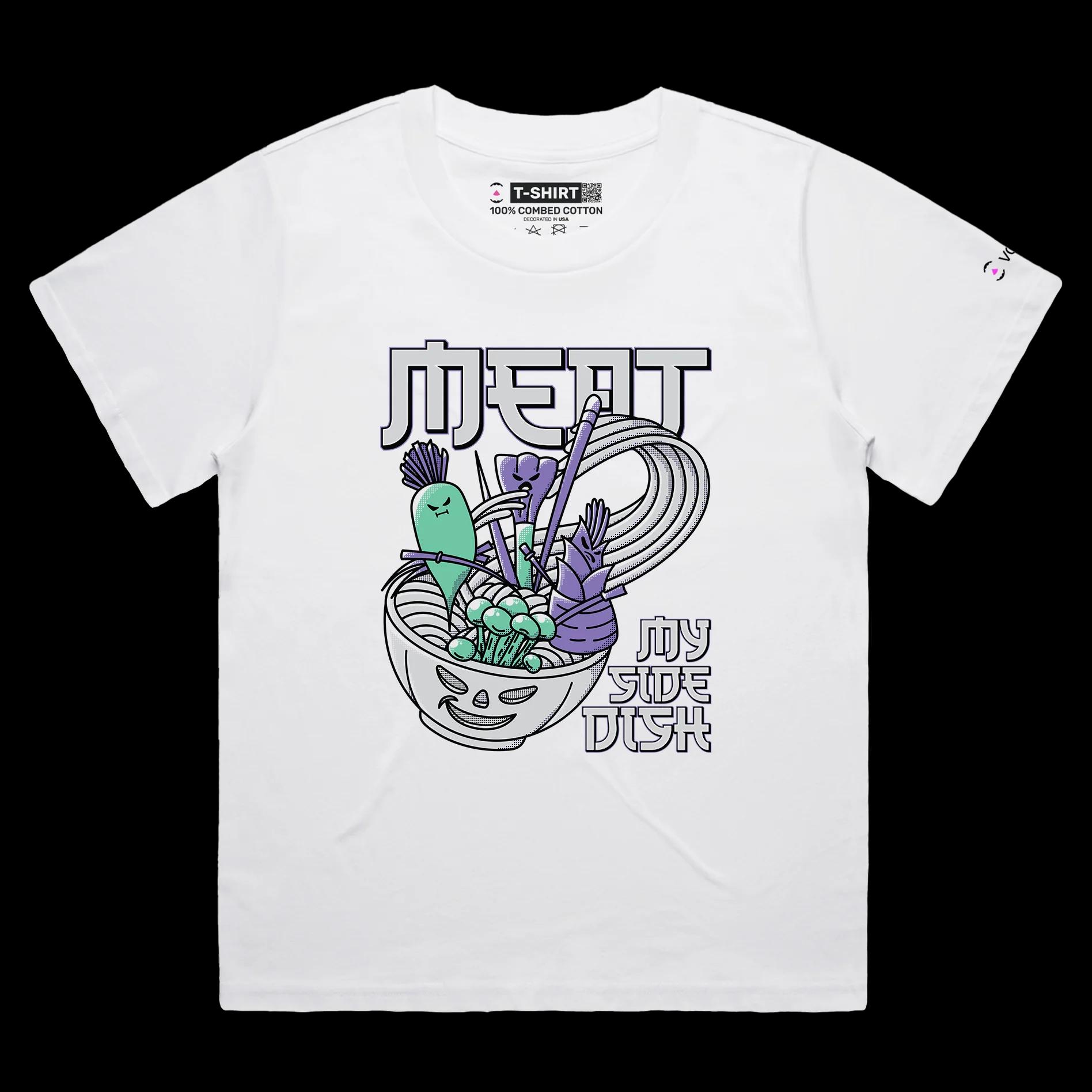 VOICEART White Female Loose A Bowl Full of Vegetables Funny T-Shirt Premium Graphic Food Themed Meat as a Side Dish