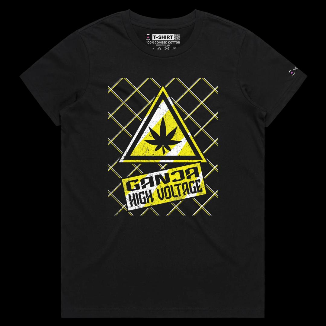 VOICEART Black Female Regular High Voltage Ganja Funny Shirt Premium Quality Weed Youth Culture and Lifestyle Wordplay Tee