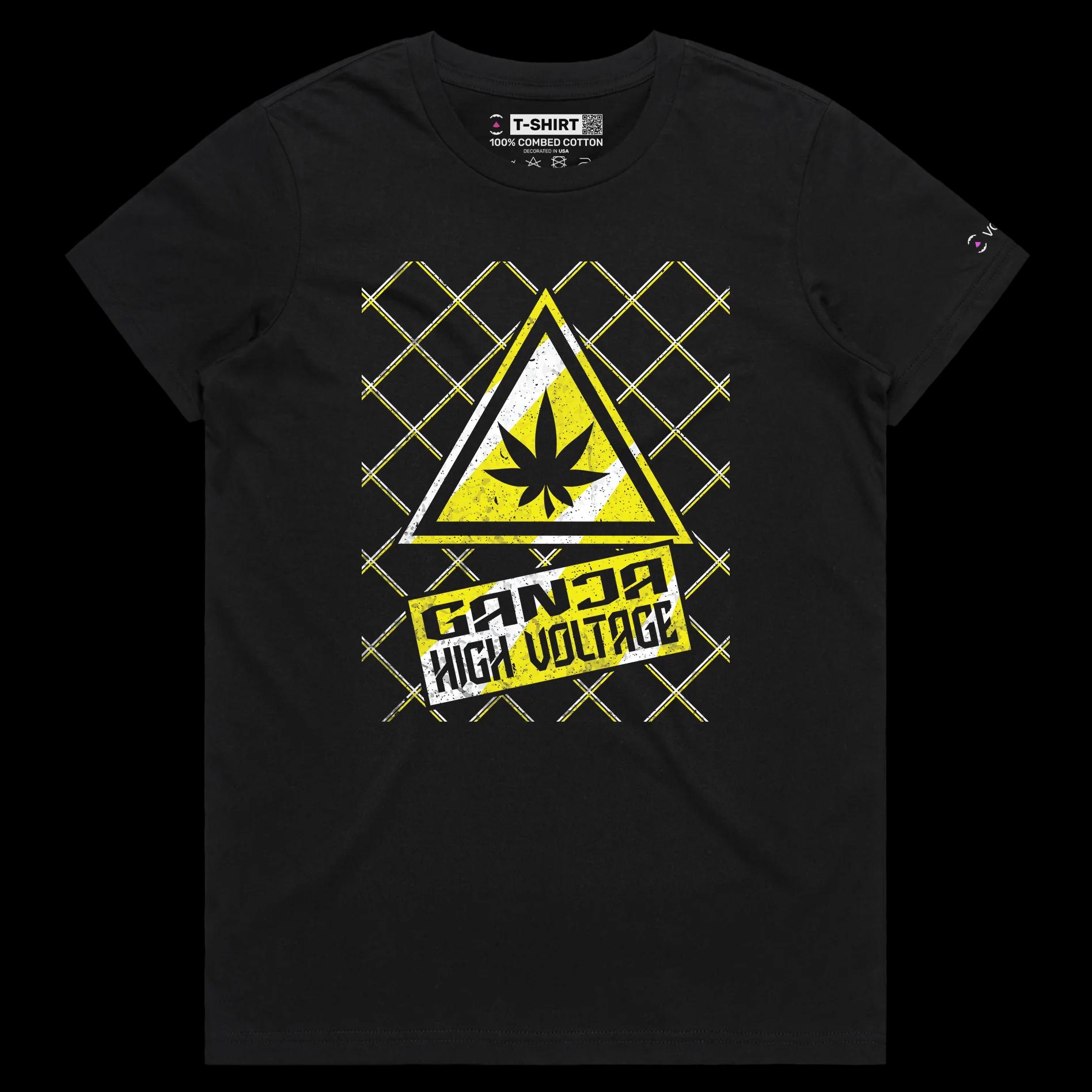 VOICEART Black Female Regular High Voltage Ganja Funny Shirt Premium Quality Weed Youth Culture and Lifestyle Wordplay Tee