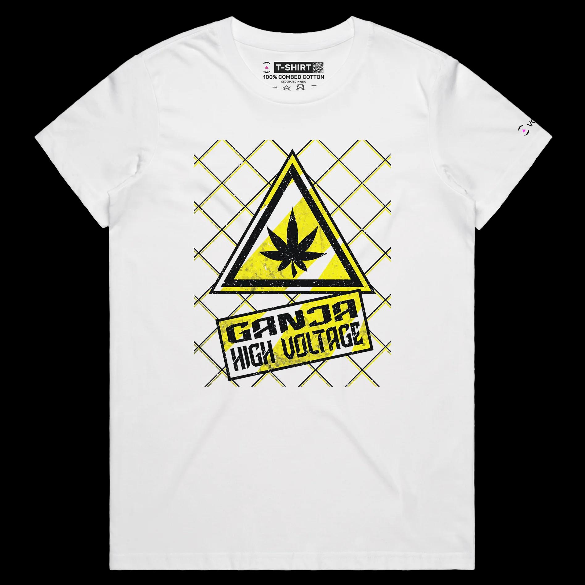 VOICEART White Female Regular High Voltage Ganja Funny Shirt Premium Quality Weed Youth Culture and Lifestyle Wordplay Tee