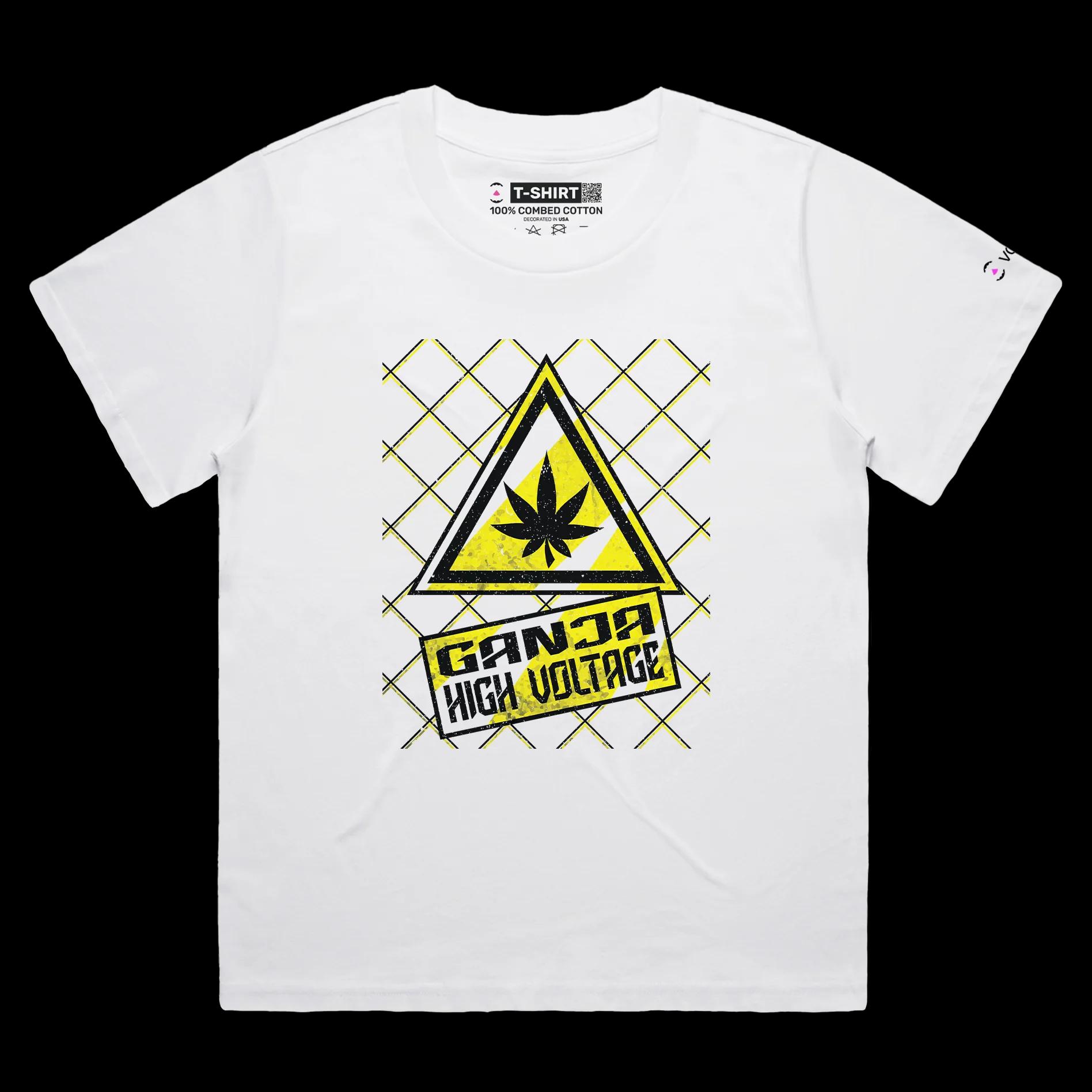 VOICEART White Female Loose High Voltage Ganja Funny Shirt Premium Quality Weed Youth Culture and Lifestyle Wordplay Tee