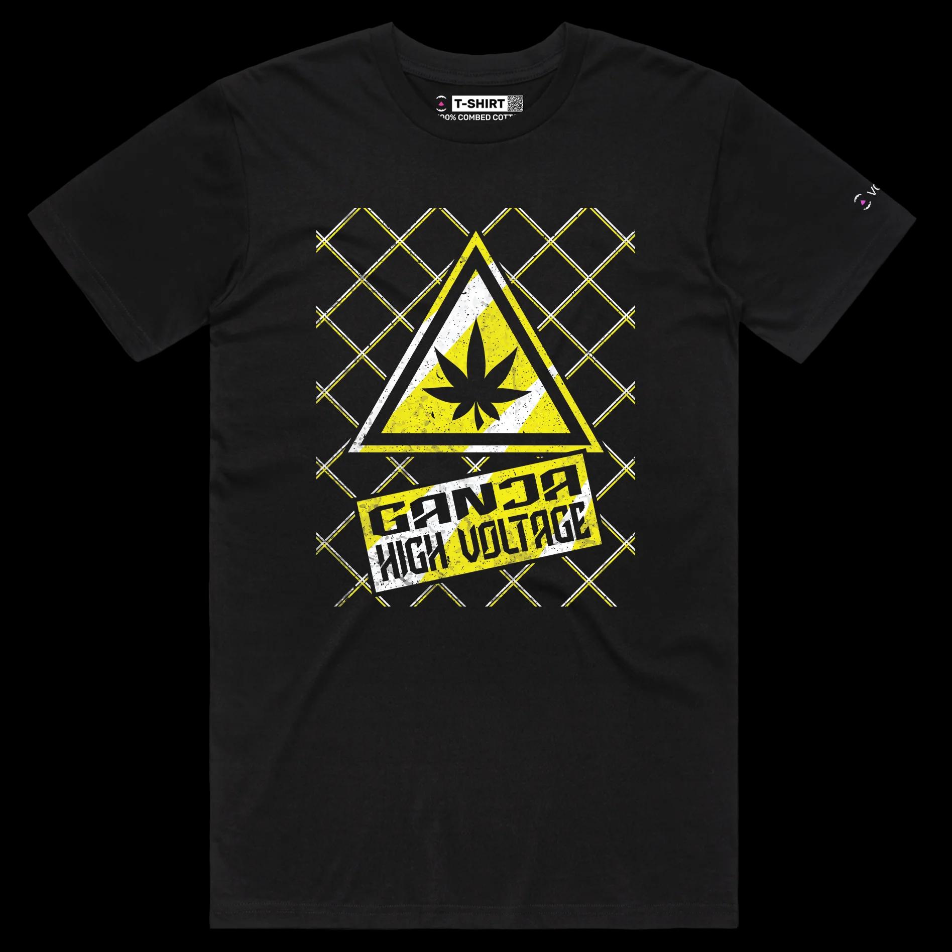VOICEART Black Male Regular High Voltage Ganja Funny Shirt Premium Quality Weed Youth Culture and Lifestyle Wordplay Tee