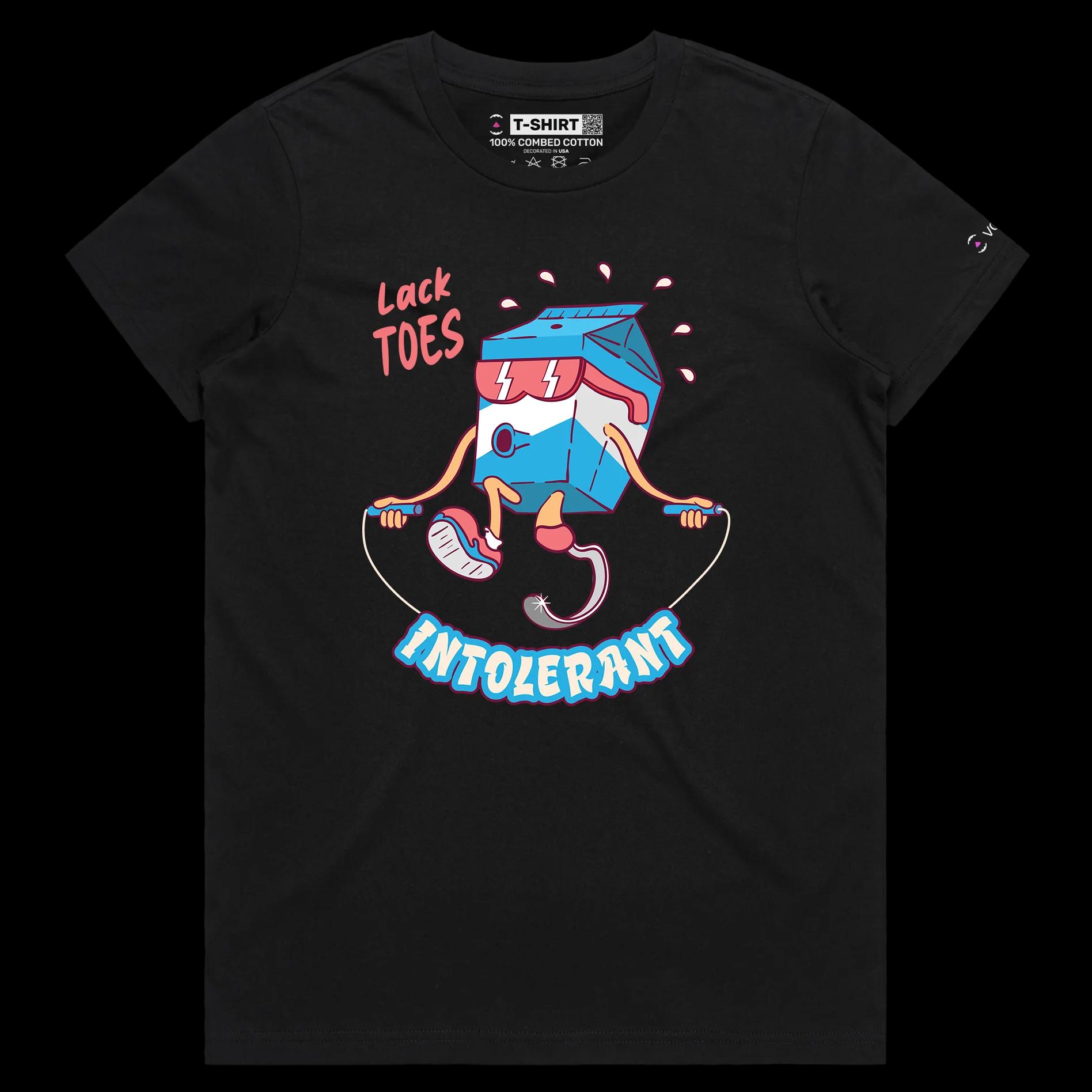 VOICEART Black Female Regular Lactose Intolerant Funny tShirt Premium Graphic Design Milk Carton Prosthetic Leg Wordplay Tee