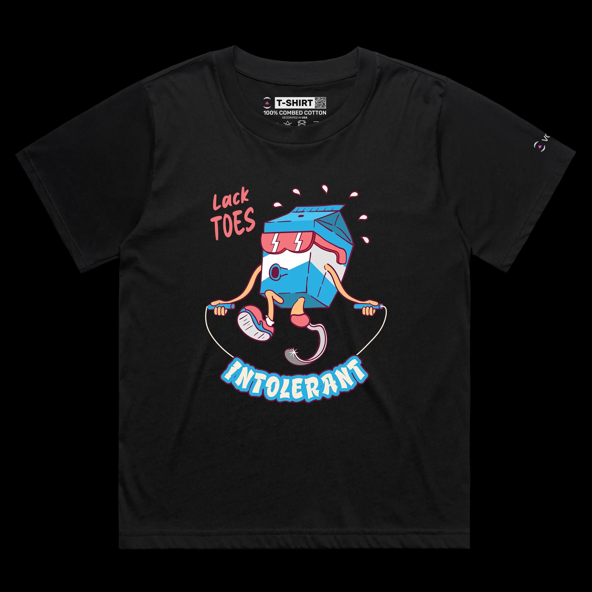 VOICEART Black Female Loose Lactose Intolerant Funny tShirt Premium Graphic Design Milk Carton Prosthetic Leg Wordplay Tee