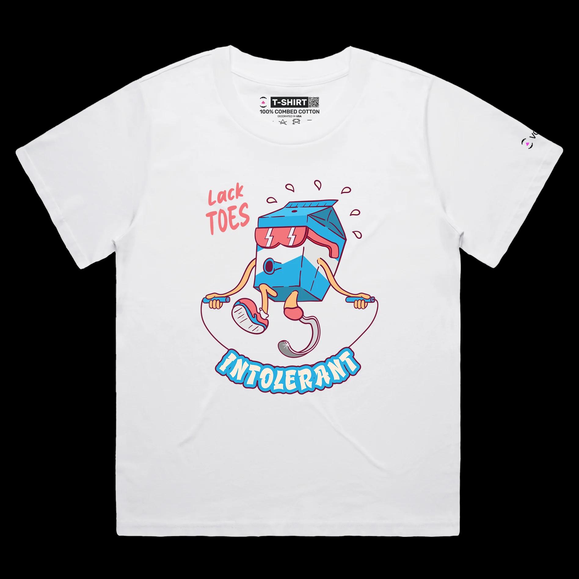 VOICEART White Female Loose Lactose Intolerant Funny tShirt Premium Graphic Design Milk Carton Prosthetic Leg Wordplay Tee