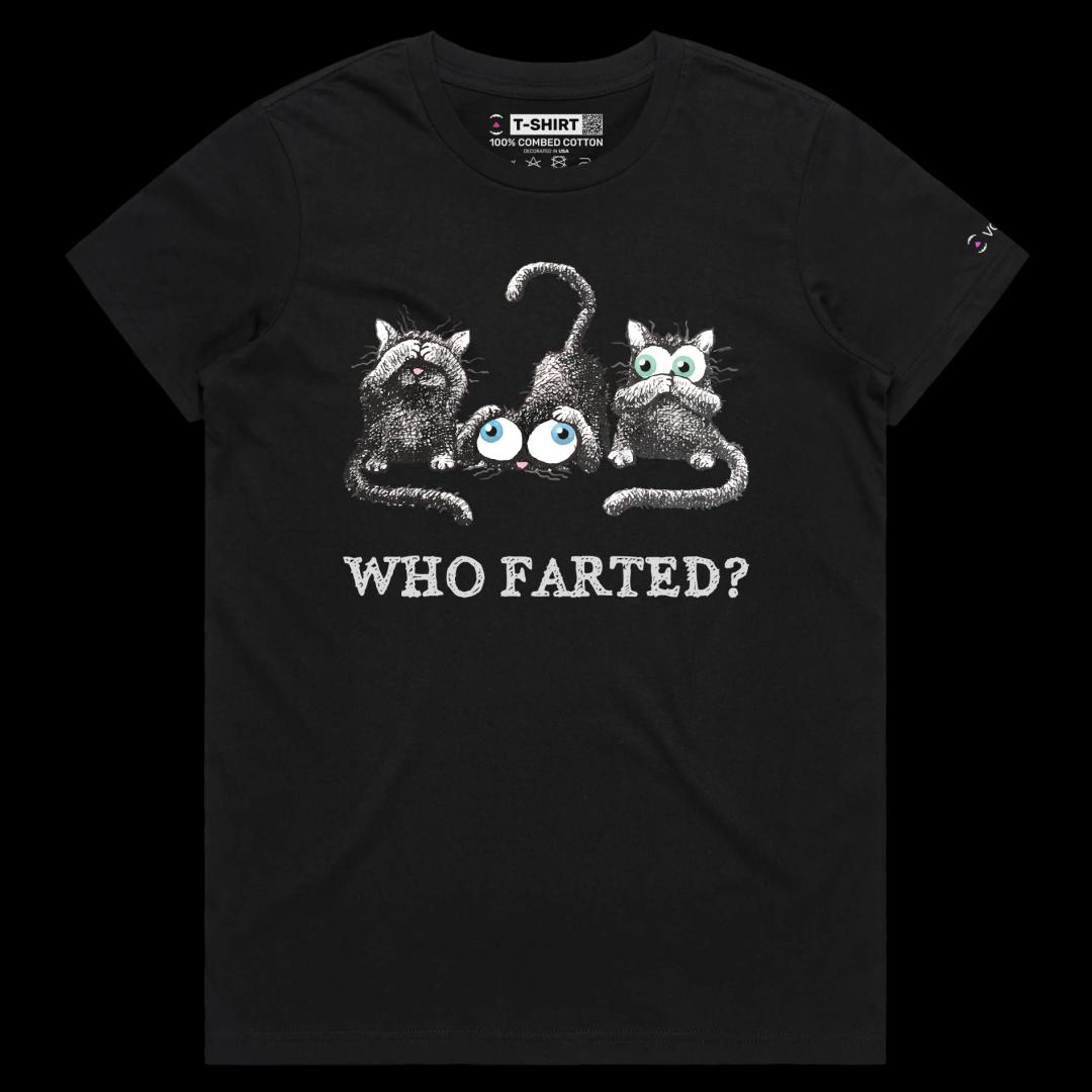 VOICEART Black Female Regular Who Farted Funny Animals T-Shirt Premium Graphic High Quality Design Confused Smelly Cats Tee