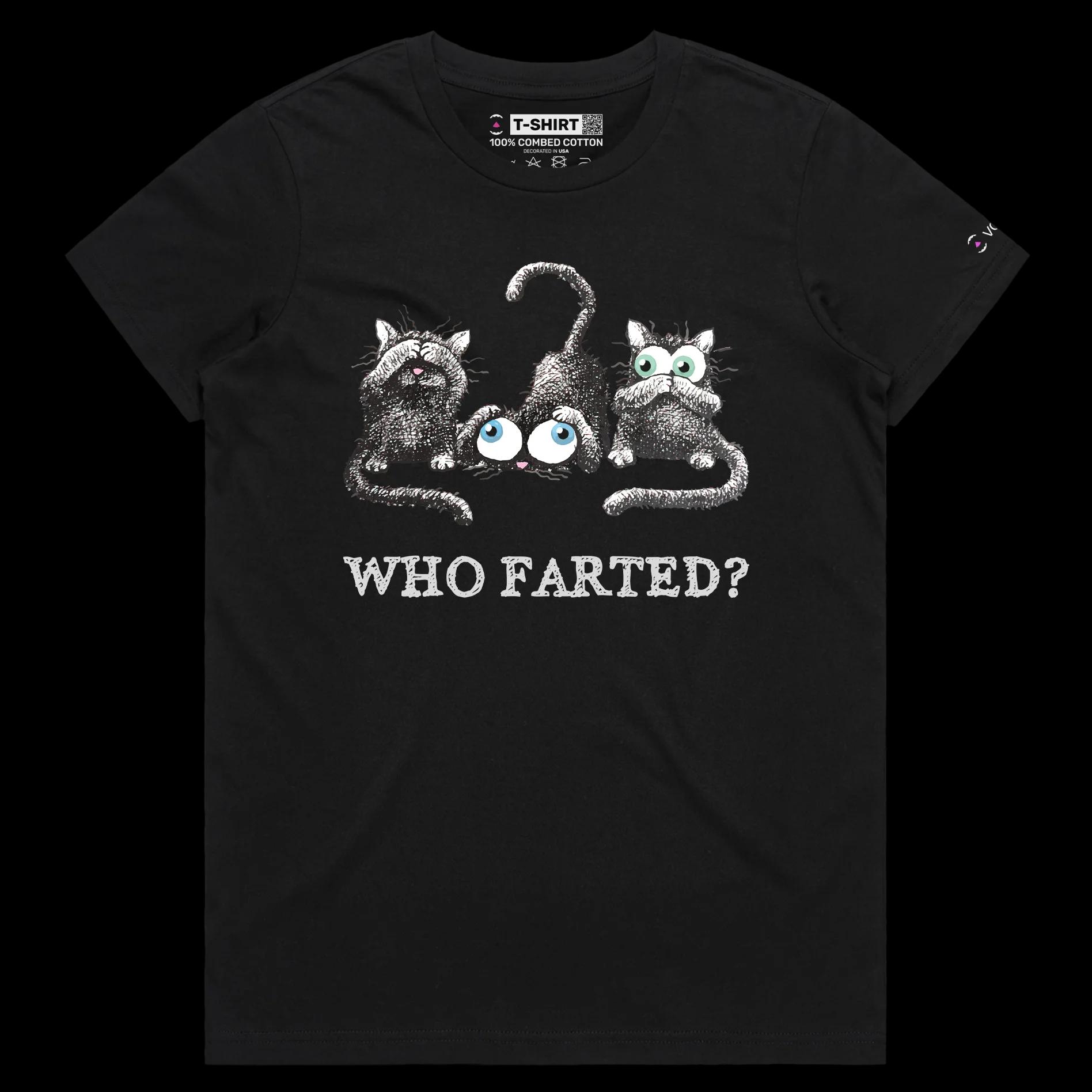 VOICEART Black Female Regular Who Farted Funny Animals T-Shirt Premium Graphic High Quality Design Confused Smelly Cats Tee