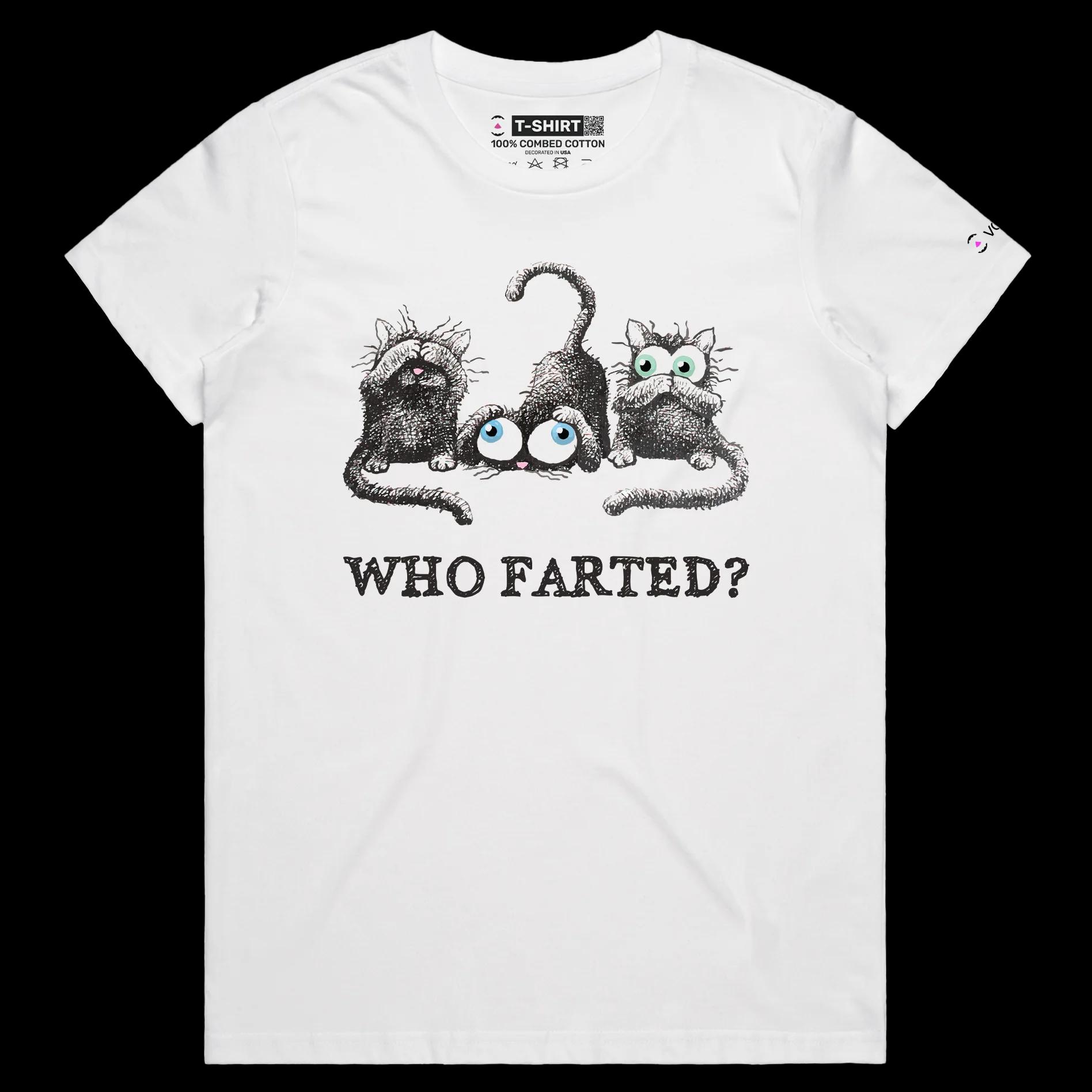 VOICEART White Female Regular Who Farted Funny Animals T-Shirt Premium Graphic High Quality Design Confused Smelly Cats Tee