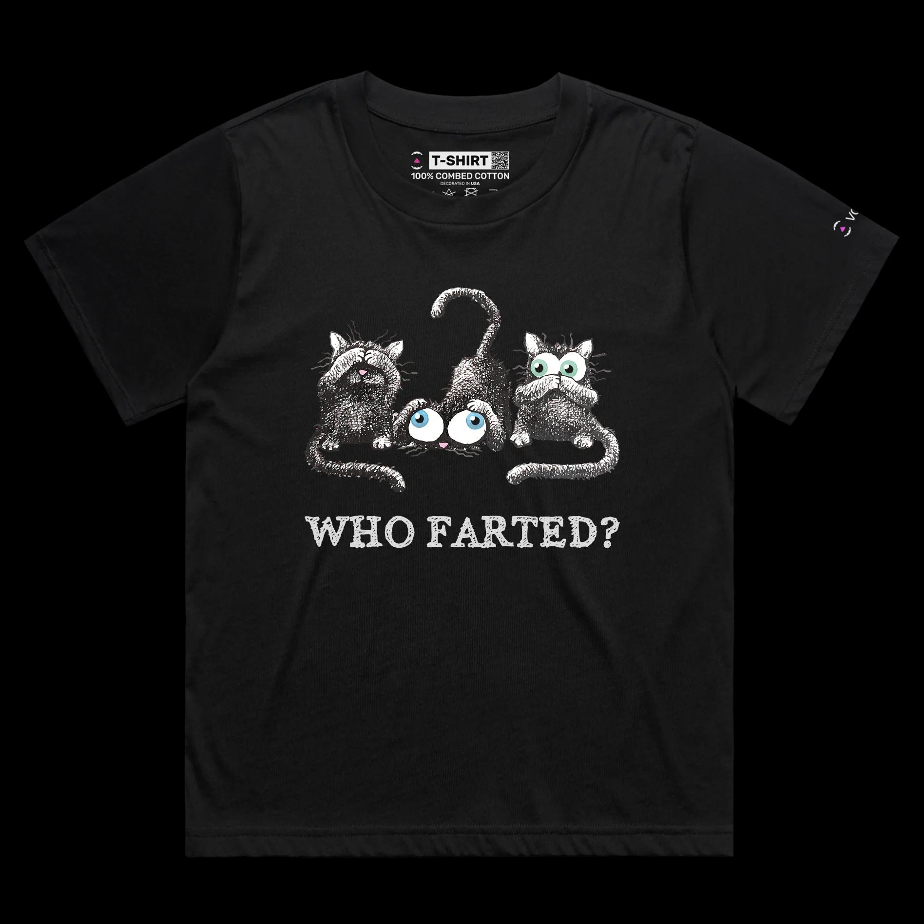 VOICEART Black Female Loose Who Farted Funny Animals T-Shirt Premium Graphic High Quality Design Confused Smelly Cats Tee