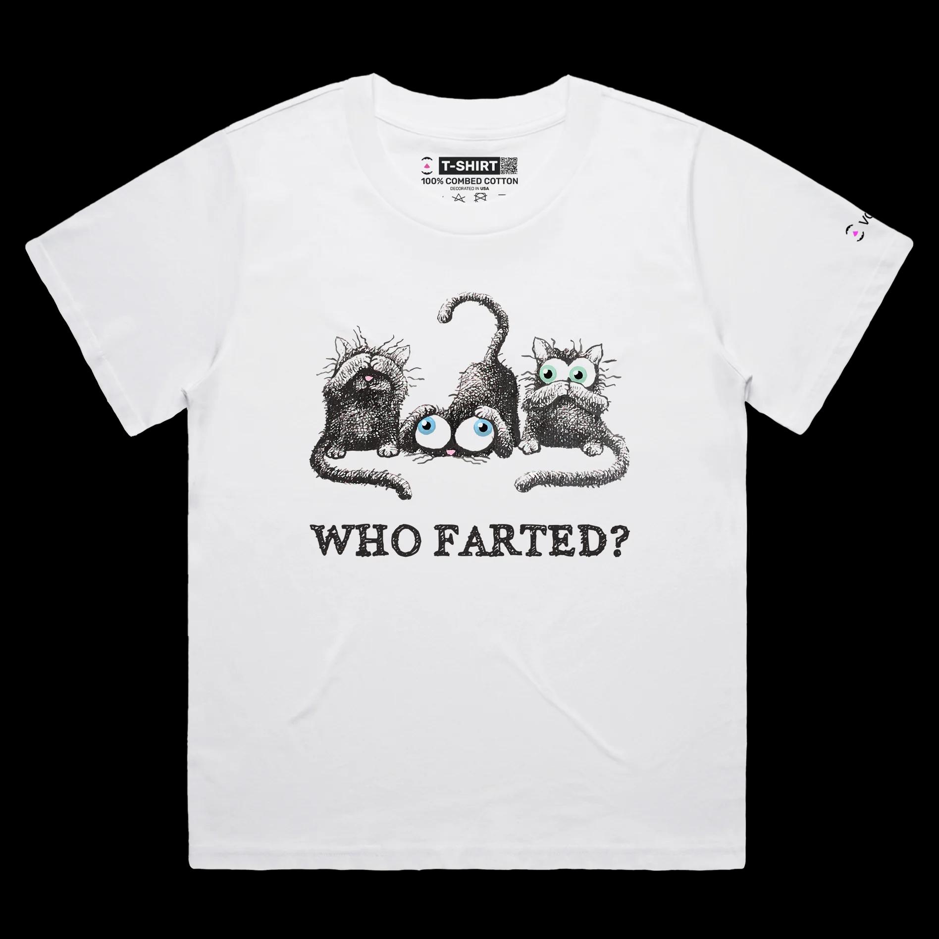 VOICEART White Female Loose Who Farted Funny Animals T-Shirt Premium Graphic High Quality Design Confused Smelly Cats Tee