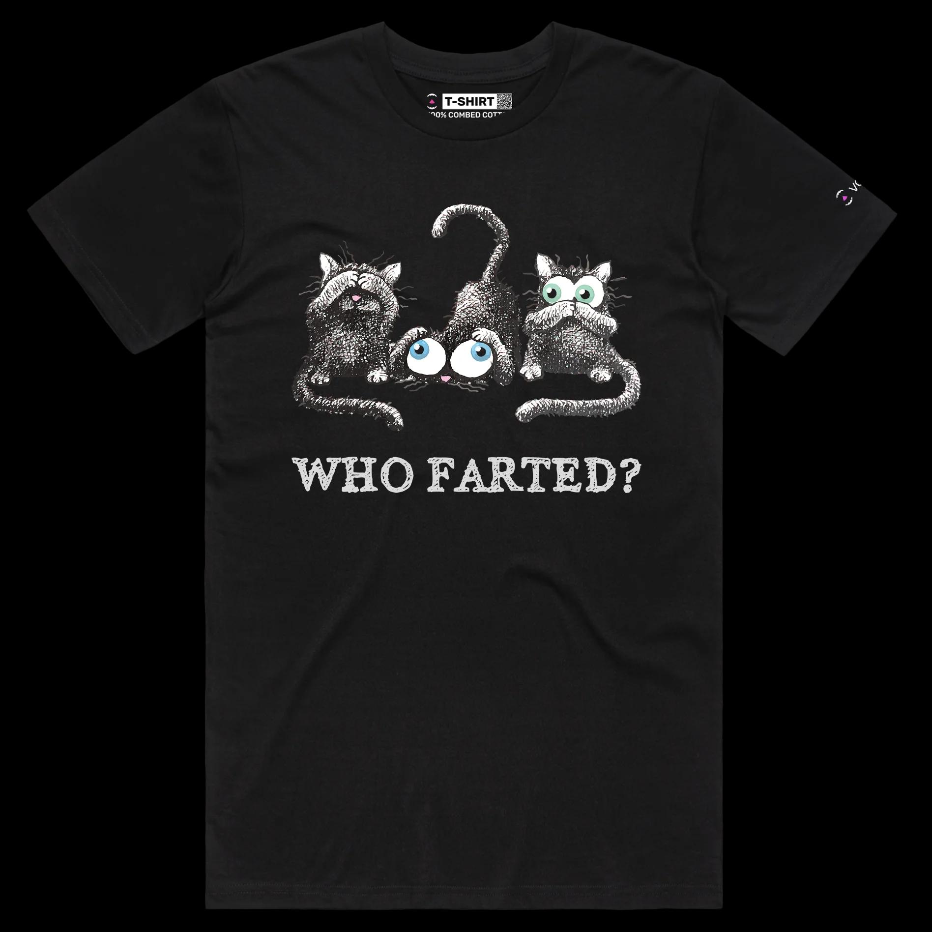 VOICEART Black Male Regular Who Farted Funny Animals T-Shirt Premium Graphic High Quality Design Confused Smelly Cats Tee