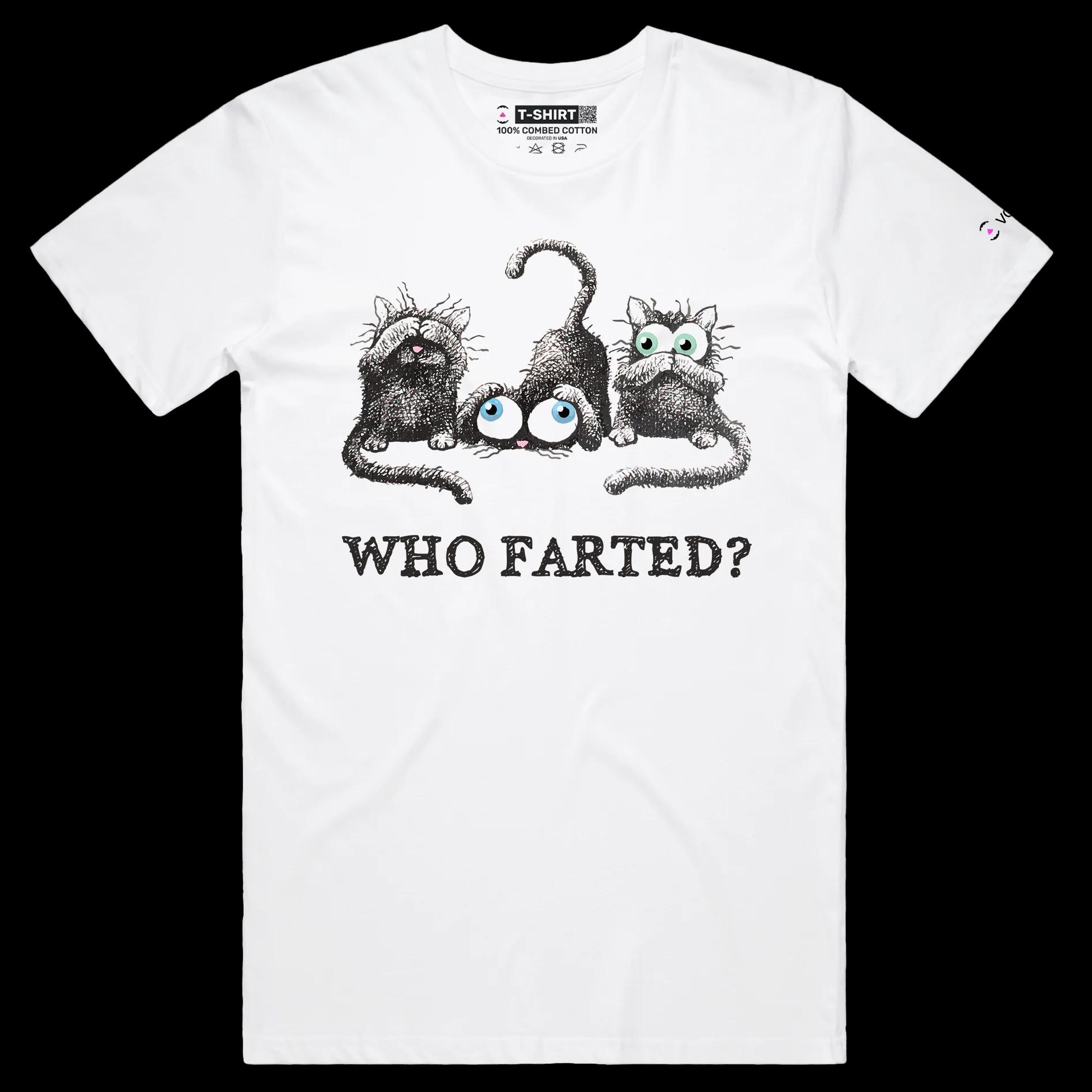 VOICEART White Male Regular Who Farted Funny Animals T-Shirt Premium Graphic High Quality Design Confused Smelly Cats Tee
