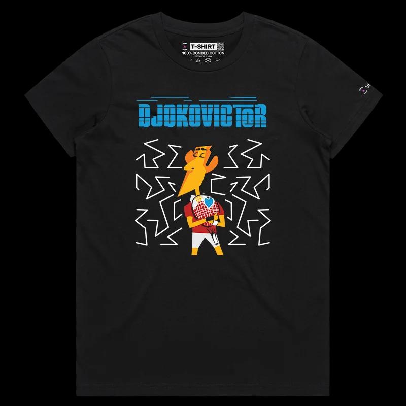 VOICEART Black Female Regular Djokovic Hugging the Racket Sports T-Shirt Premium All-Time Great Superstar Tee for Tennis Fans