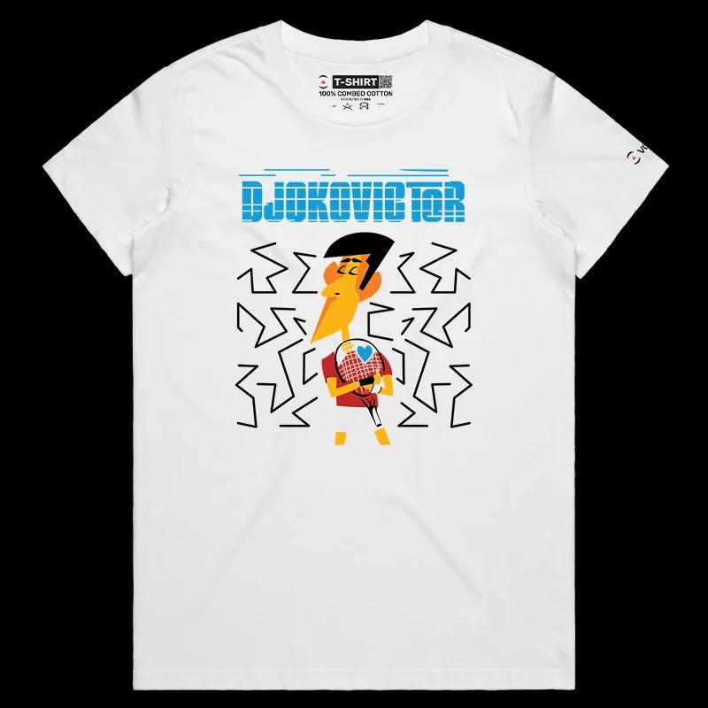 VOICEART White Female Regular Djokovic Hugging the Racket Sports T-Shirt Premium All-Time Great Superstar Tee for Tennis Fans