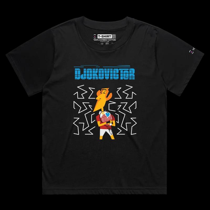 VOICEART Black Female Loose Djokovic Hugging the Racket Sports T-Shirt Premium All-Time Great Superstar Tee for Tennis Fans