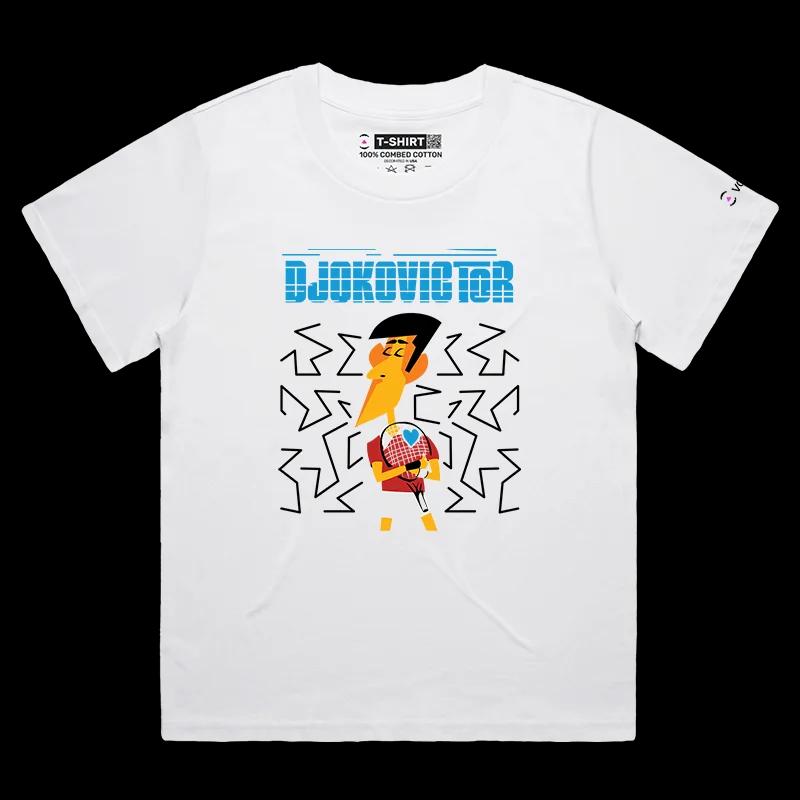 VOICEART White Female Loose Djokovic Hugging the Racket Sports T-Shirt Premium All-Time Great Superstar Tee for Tennis Fans
