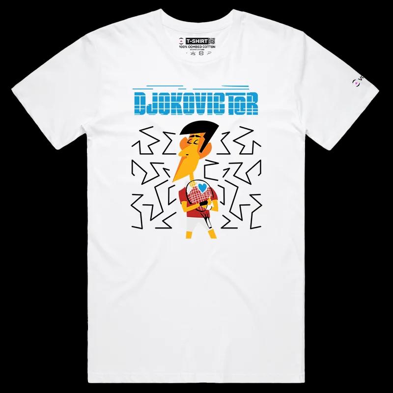 VOICEART White Male Regular Djokovic Hugging the Racket Sports T-Shirt Premium All-Time Great Superstar Tee for Tennis Fans