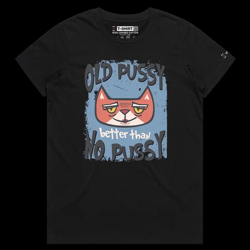 VOICEART Black Female Regular Old Cat Funny Animals T-Shirt with Premium Quality Design and Double Meaning Aged Pussy Tee