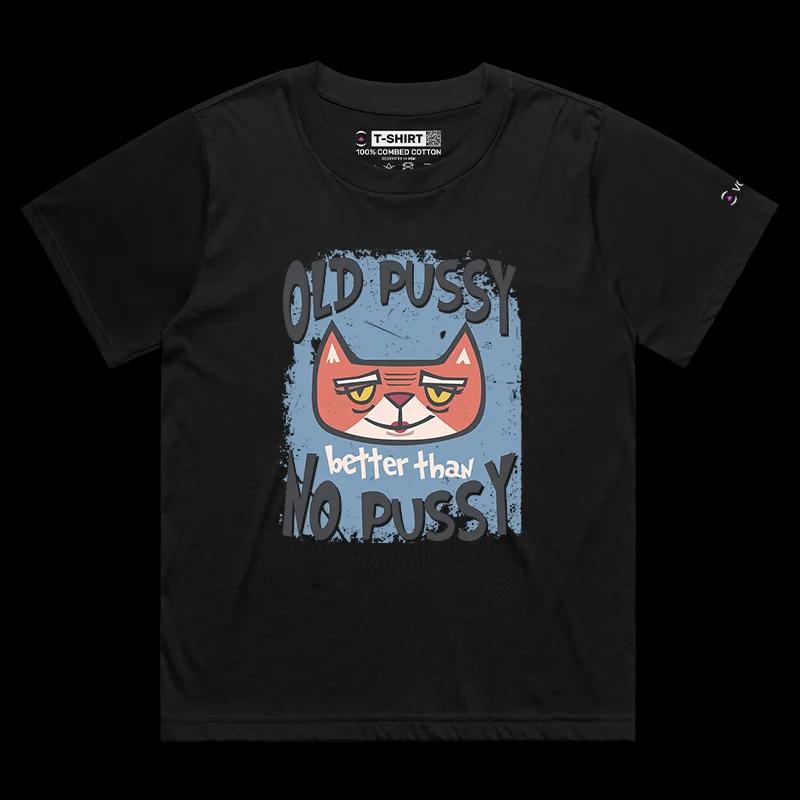 VOICEART Black Female Loose Old Cat Funny Animals T-Shirt with Premium Quality Design and Double Meaning Aged Pussy Tee