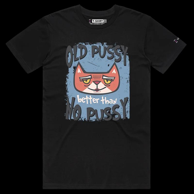 VOICEART Black Male Regular Old Cat Funny Animals T-Shirt with Premium Quality Design and Double Meaning Aged Pussy Tee