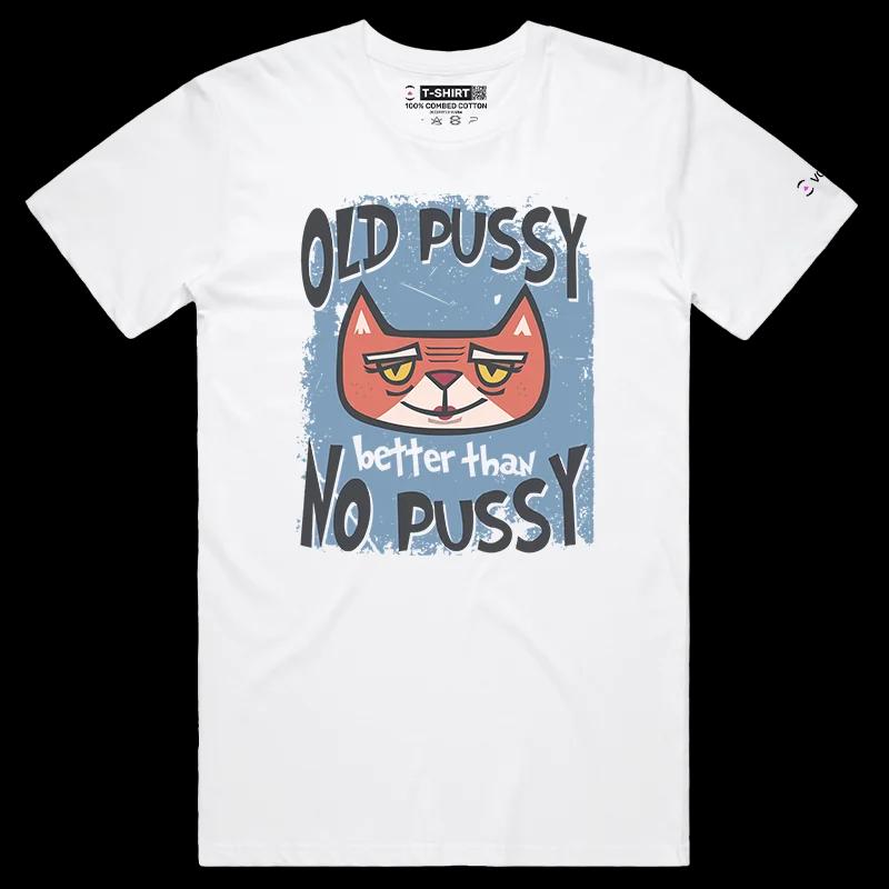 VOICEART White Male Regular Old Cat Funny Animals T-Shirt with Premium Quality Design and Double Meaning Aged Pussy Tee