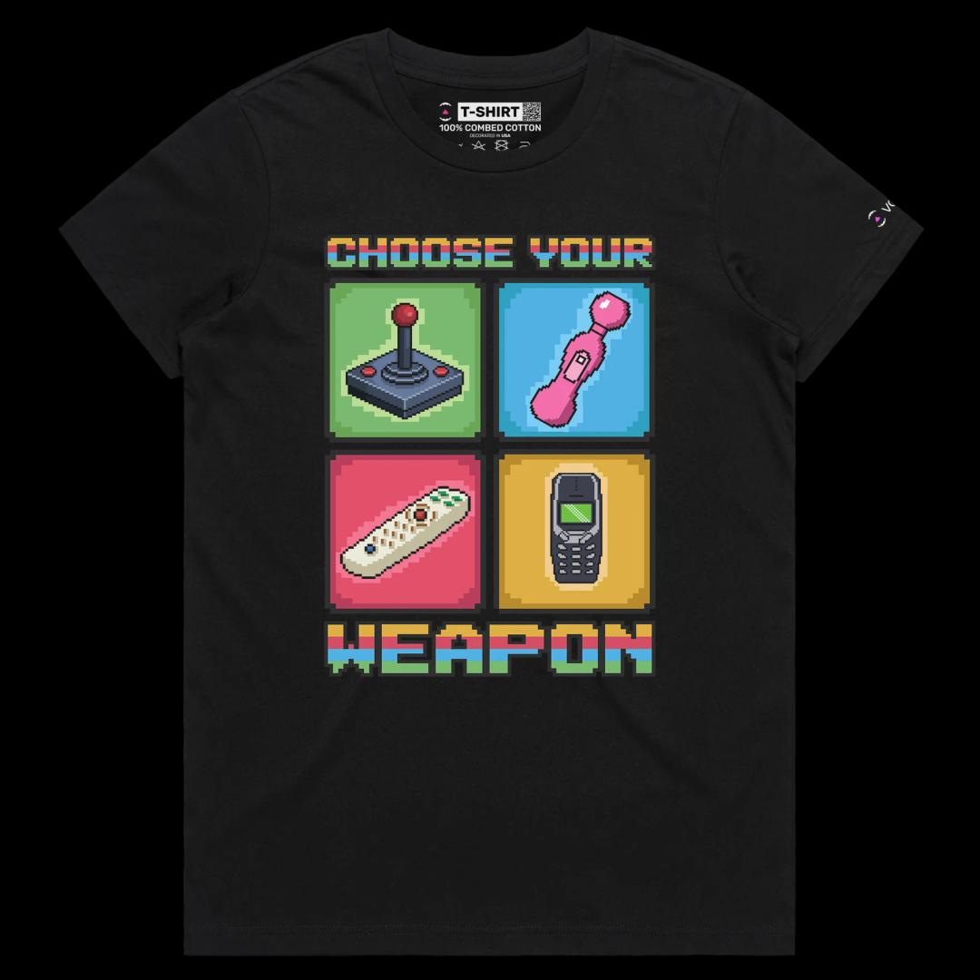 VOICEART Black Female Regular Choose Your Weapon for Good Vibes Funny T-shirt with Premium Tee with Vibrating Accessories