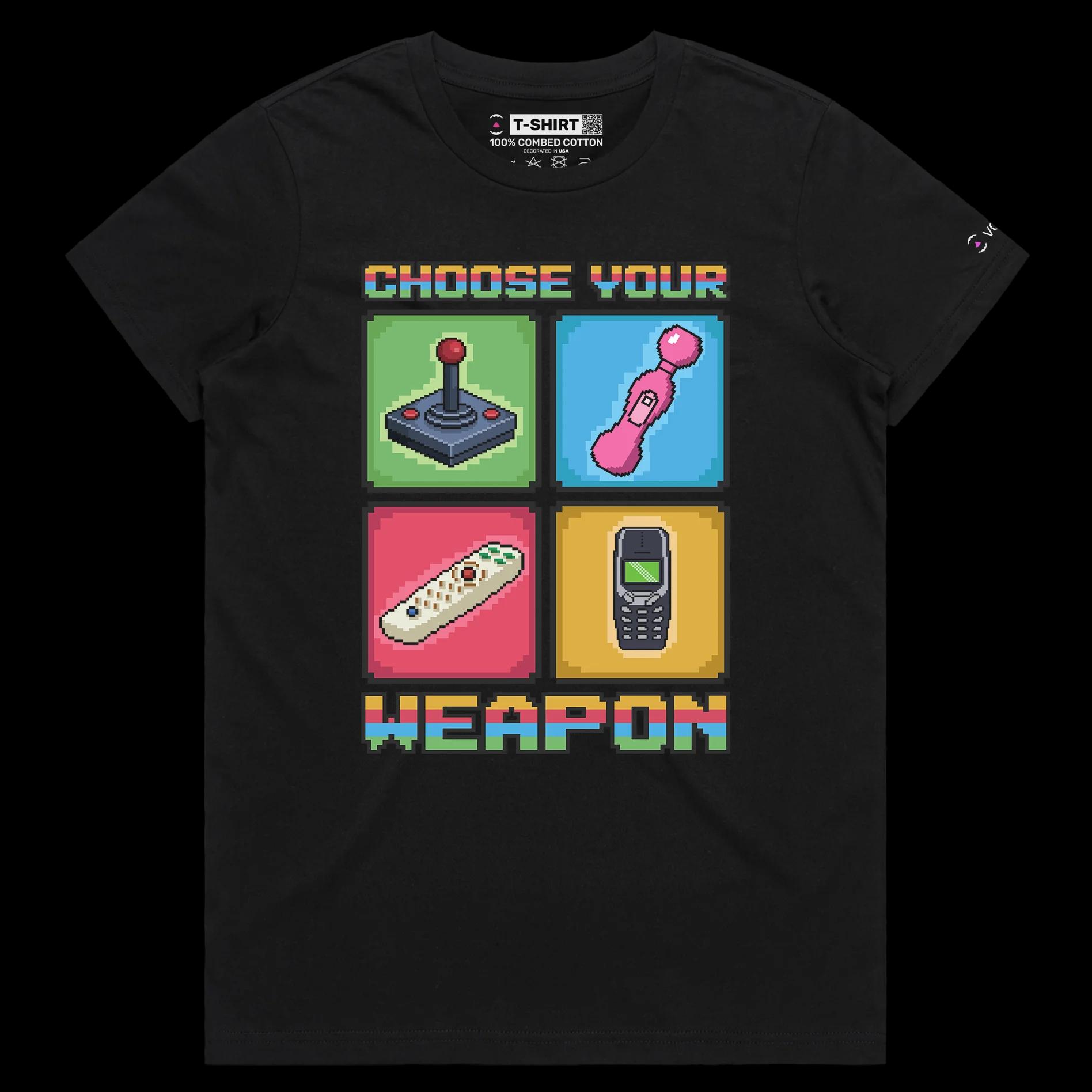 VOICEART Black Female Regular Choose Your Weapon for Good Vibes Funny T-shirt with Premium Tee with Vibrating Accessories