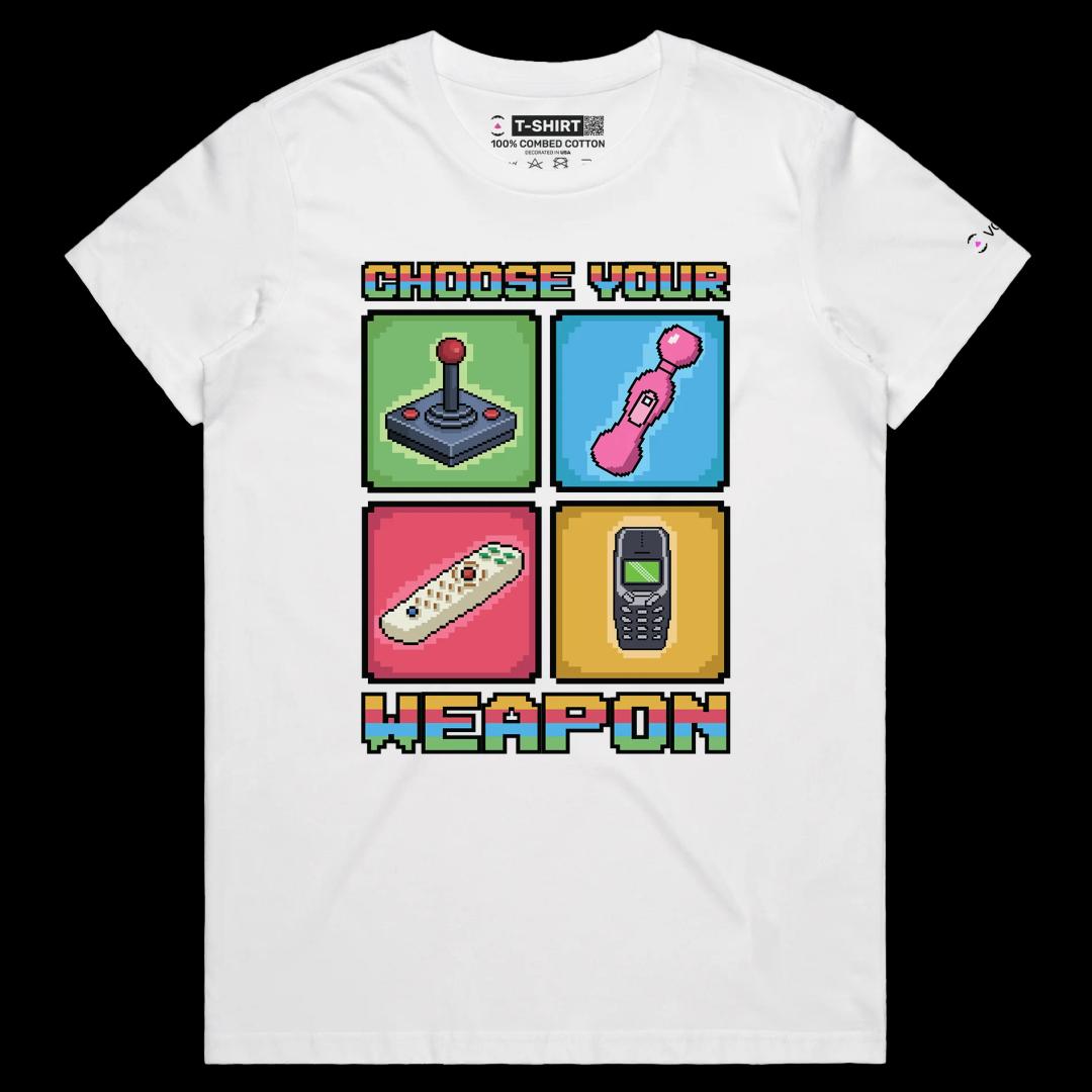 VOICEART White Female Regular Choose Your Weapon for Good Vibes Funny T-shirt with Premium Tee with Vibrating Accessories