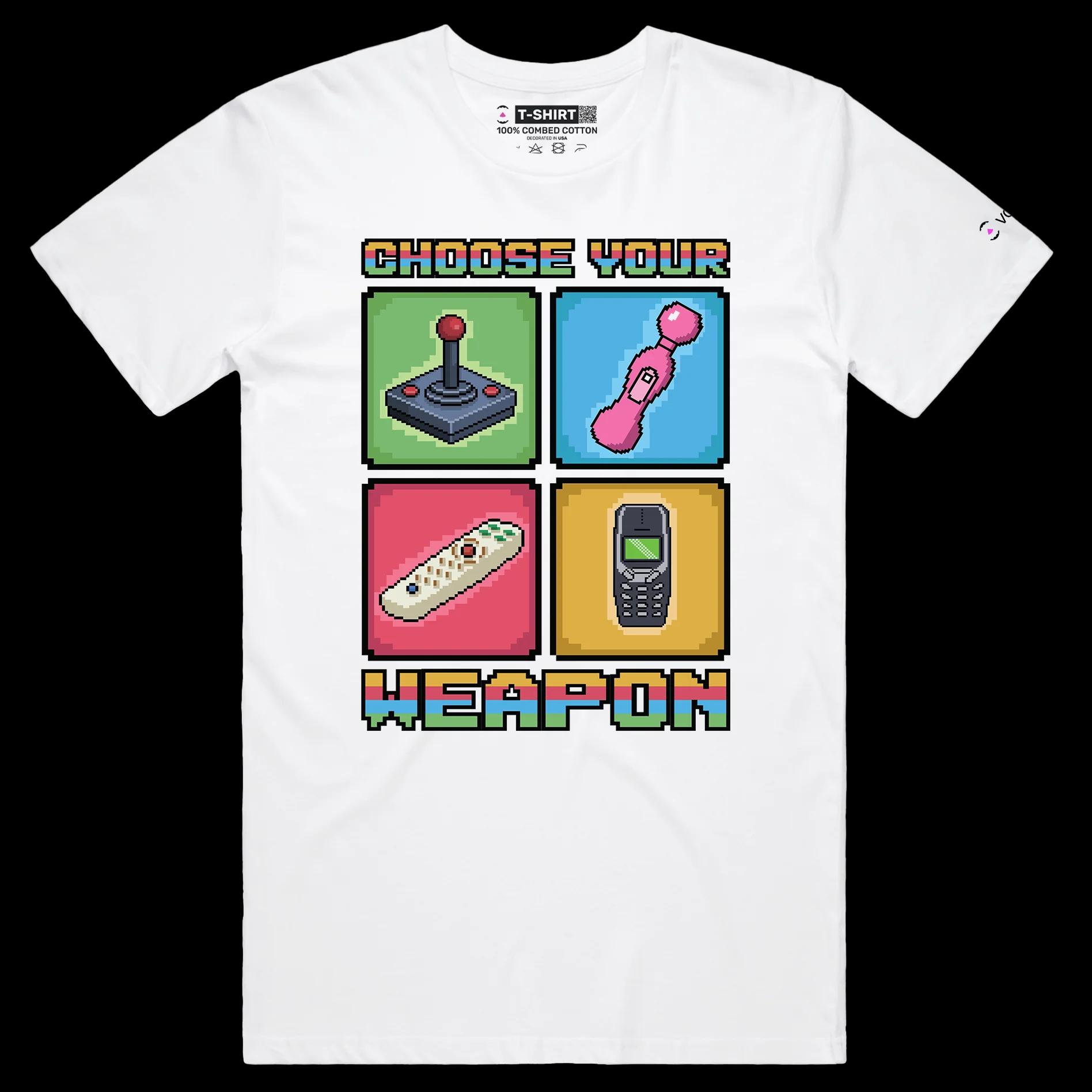 VOICEART White Male Regular Choose Your Weapon for Good Vibes Funny T-shirt with Premium Tee with Vibrating Accessories