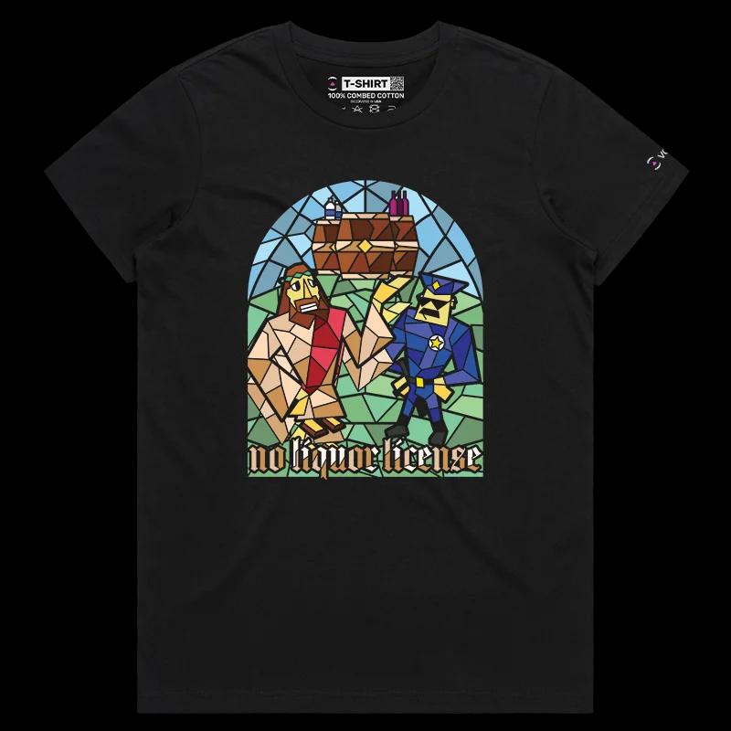 VOICEART Black Female Regular Jesus Christ No Liquor Funny Religion T-Shirt Premium Graphic Saviour Water or Wine Tee