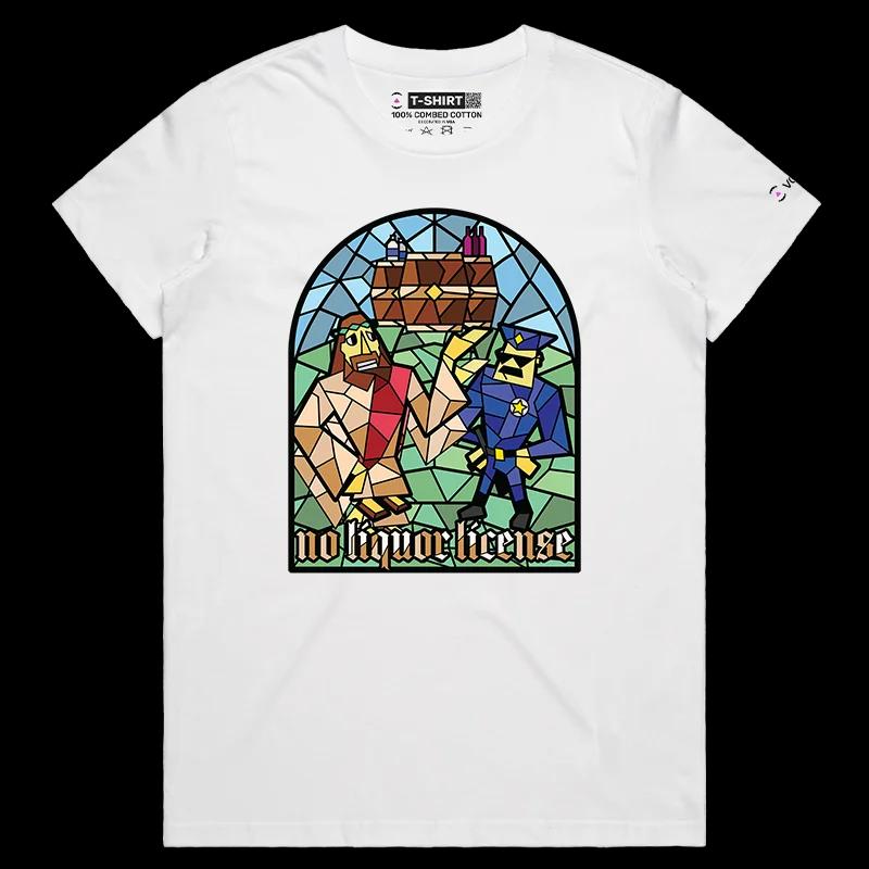 VOICEART White Female Regular Jesus Christ No Liquor Funny Religion T-Shirt Premium Graphic Saviour Water or Wine Tee