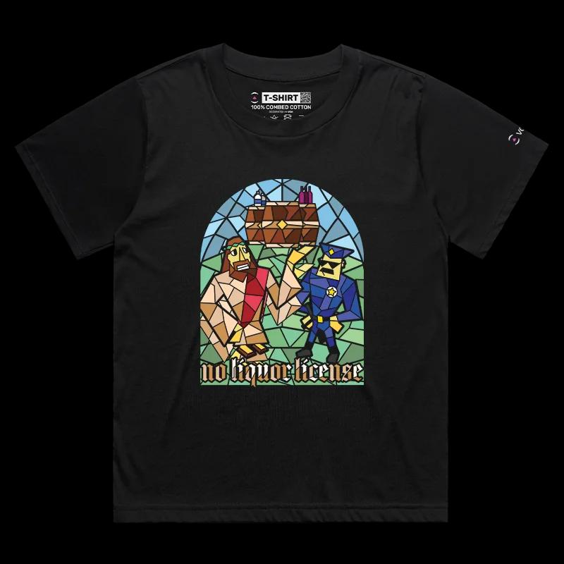 VOICEART Black Female Loose Jesus Christ No Liquor Funny Religion T-Shirt Premium Graphic Saviour Water or Wine Tee