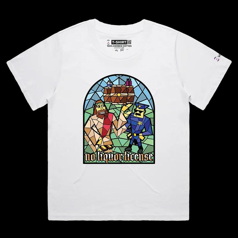 VOICEART White Female Loose Jesus Christ No Liquor Funny Religion T-Shirt Premium Graphic Saviour Water or Wine Tee