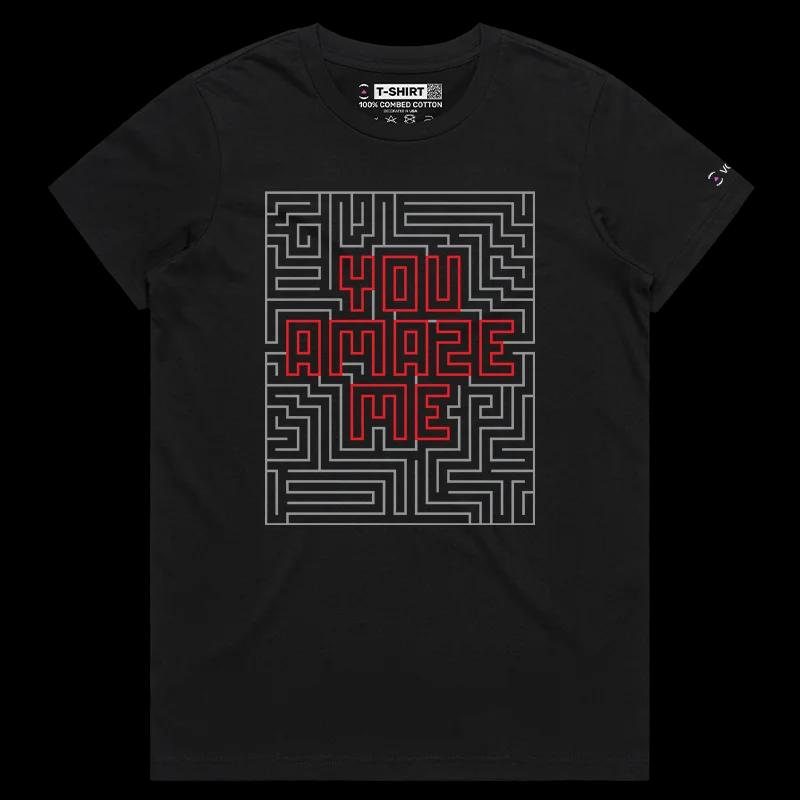 VOICEART Black Female Regular Labyrint Twist and Turns Funny T-shirt Premium Quality Graphic and Design Lost in the Maze Tee